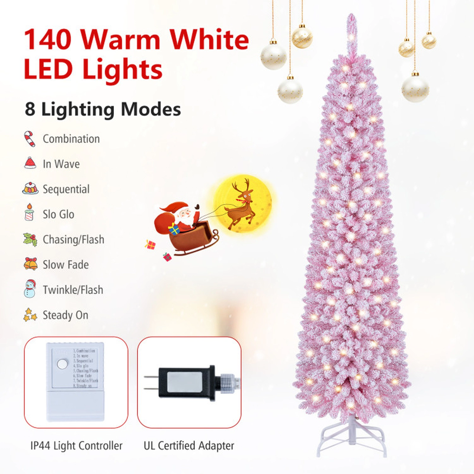 SUGIFT 6-ft Pink Flocked Pre-Lit Pencil Christmas Tree, 140 Warm White LEDs, 8 Modes