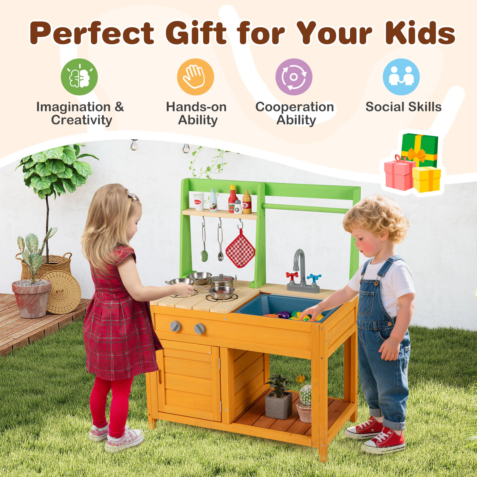 SUGIFT Orange Removable Sink and Oven Outdoor Kids Wooden Mud Kitchen Playset