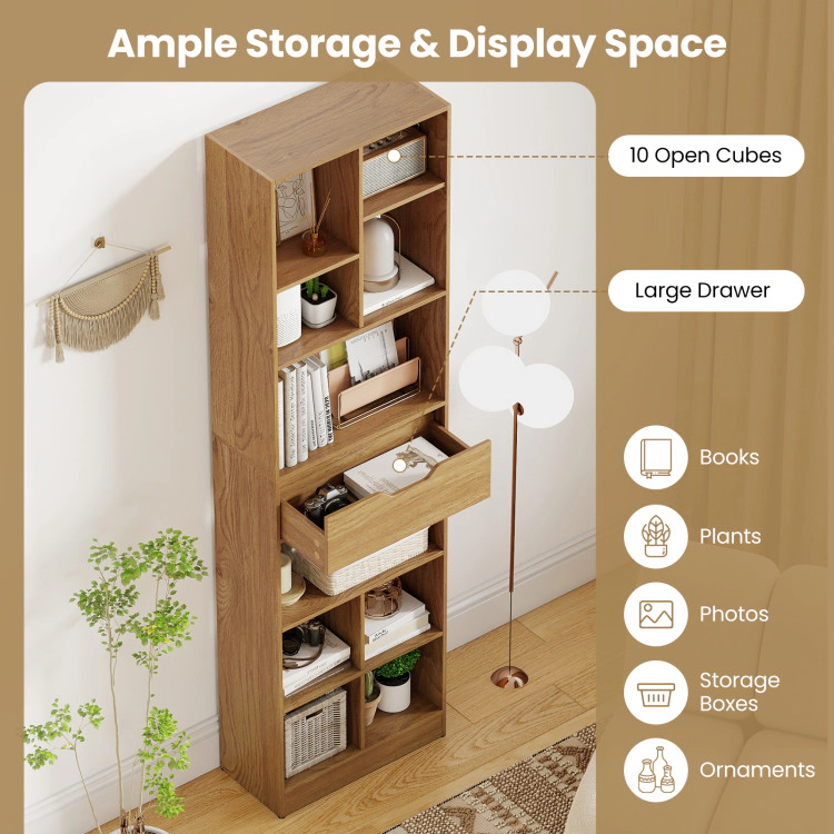 Hivvago 71inch Tall Freestanding Bookcase with Drawer 10-Cube Storage Organizer