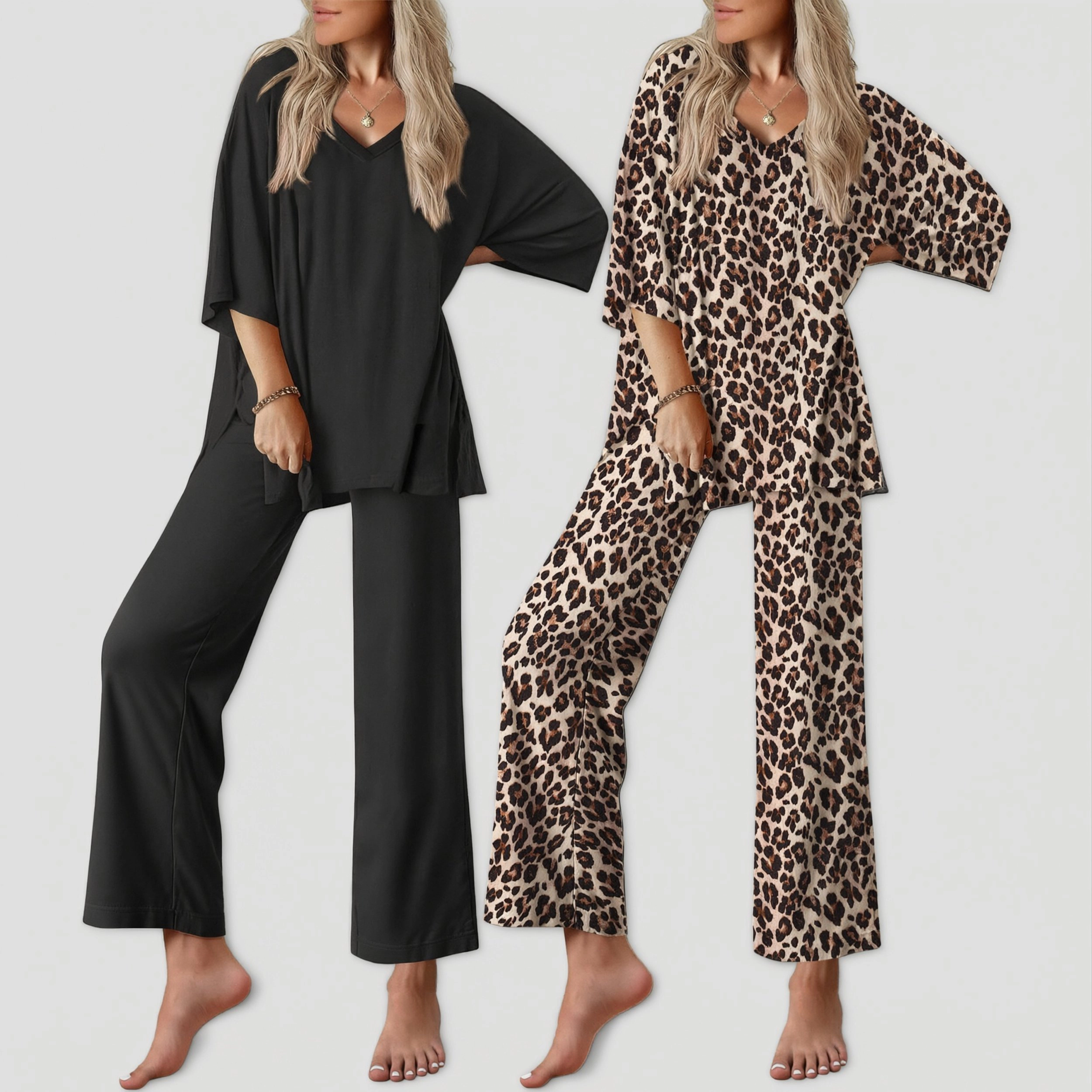 Ekouaer Two Pack Lounge Sets for Womens Short Sleeve Pajamas Set V Neck Top and Long Pants Comfy
