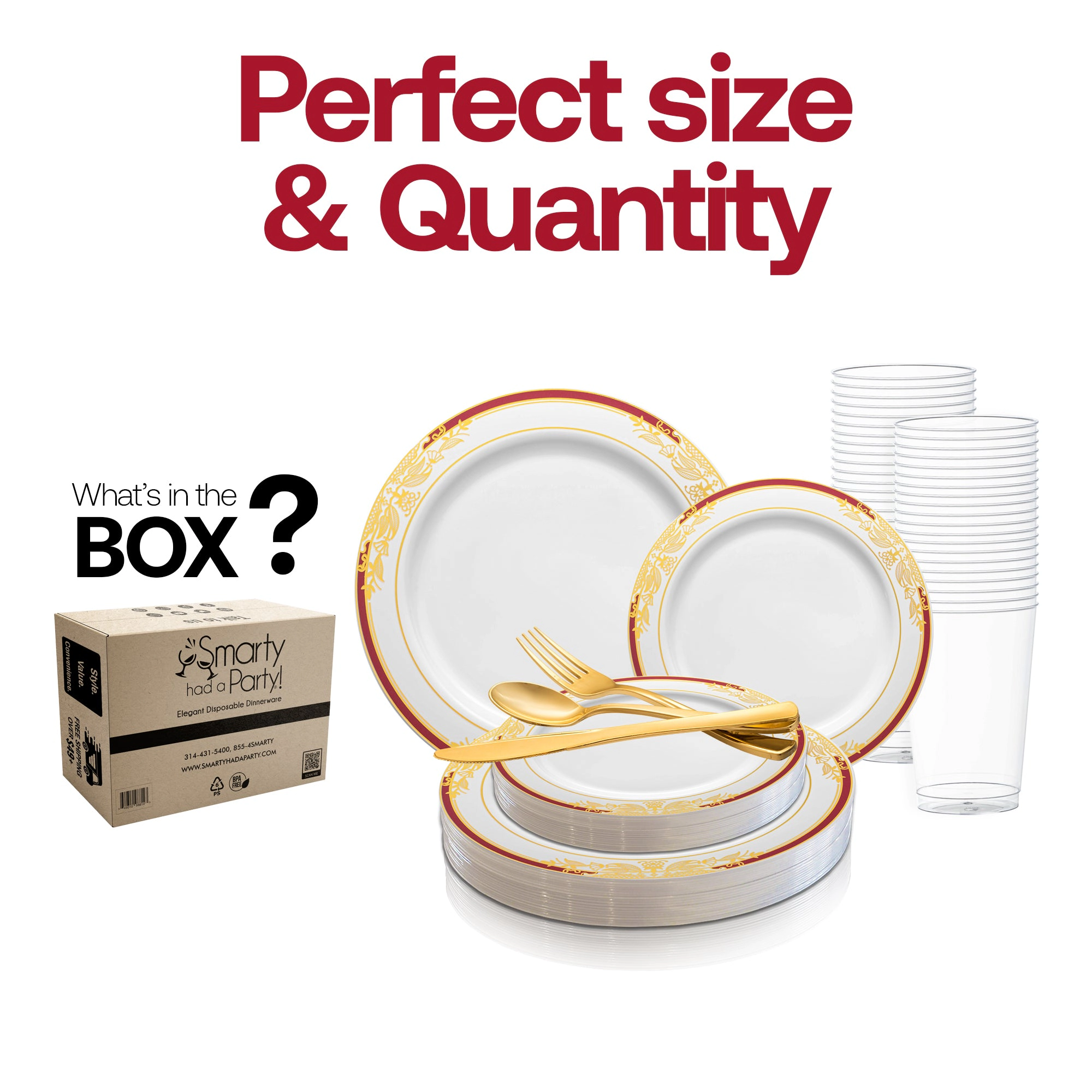 Smarty Had A Party White with Burgundy and Gold Harmony Rim Plastic Wedding Value Set