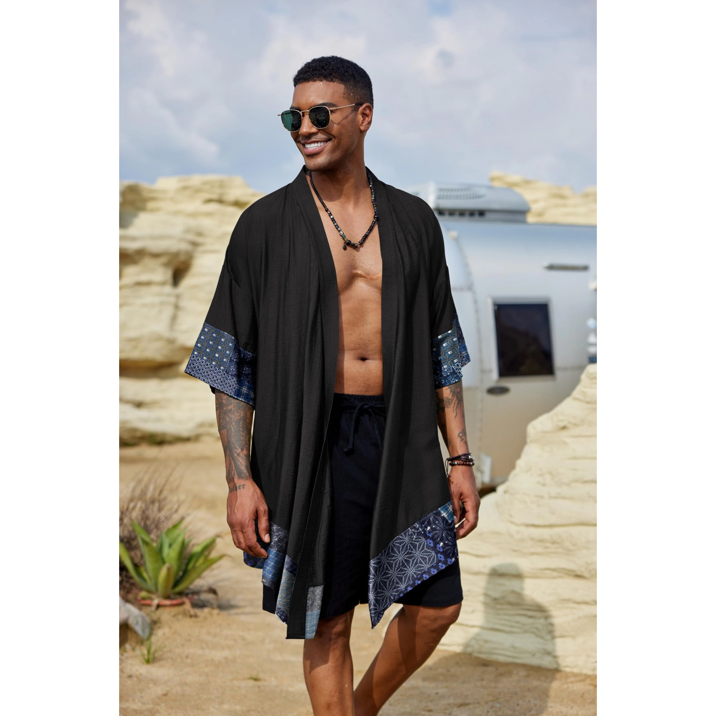 COOFANDY Men's Loose Fit Open Front Elbow Sleeve Kimono Cardigan