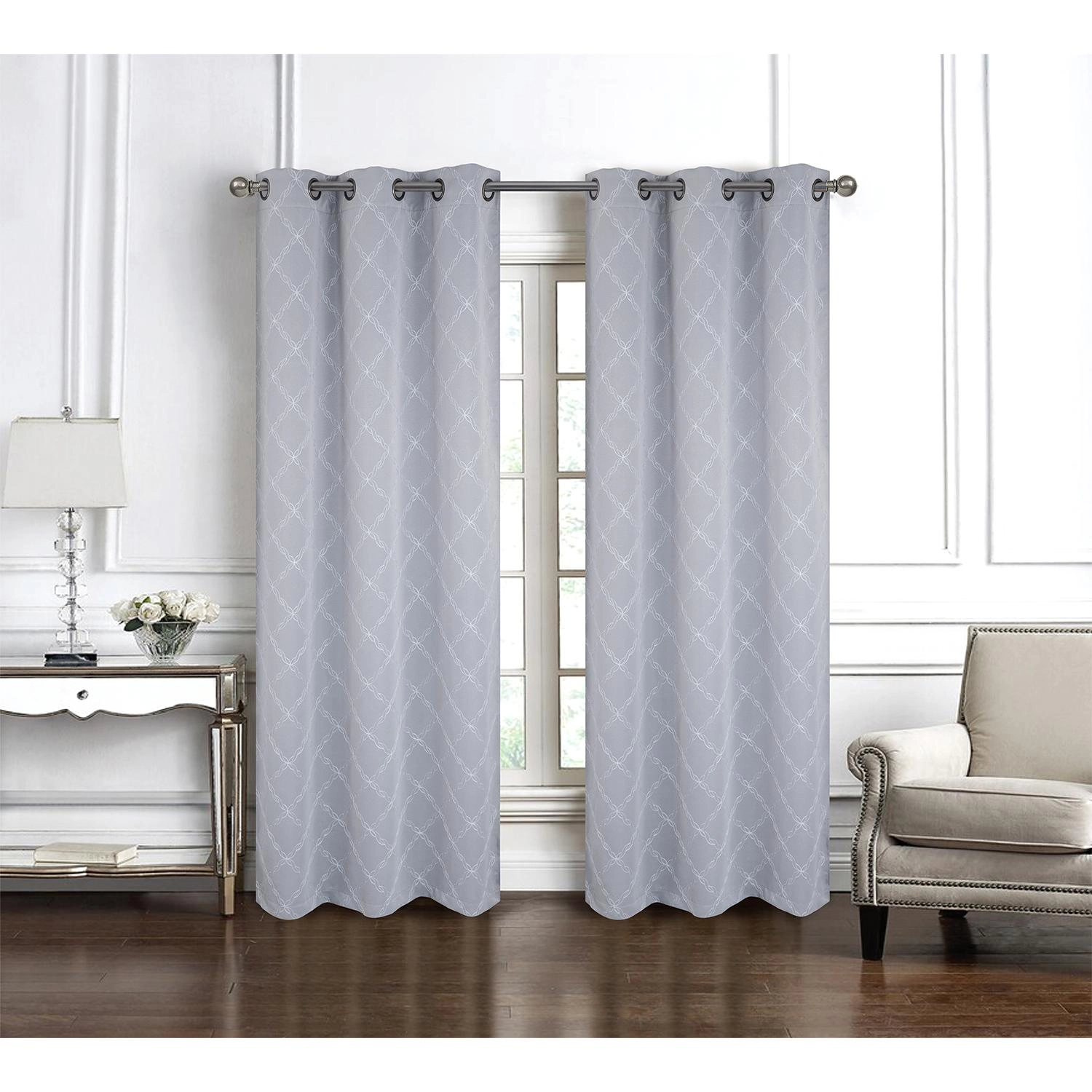 RT Designer Collection Gable Embroidered Blackout Luxurious Decorative Grommet Curtain Panel 54" x 95" Silver