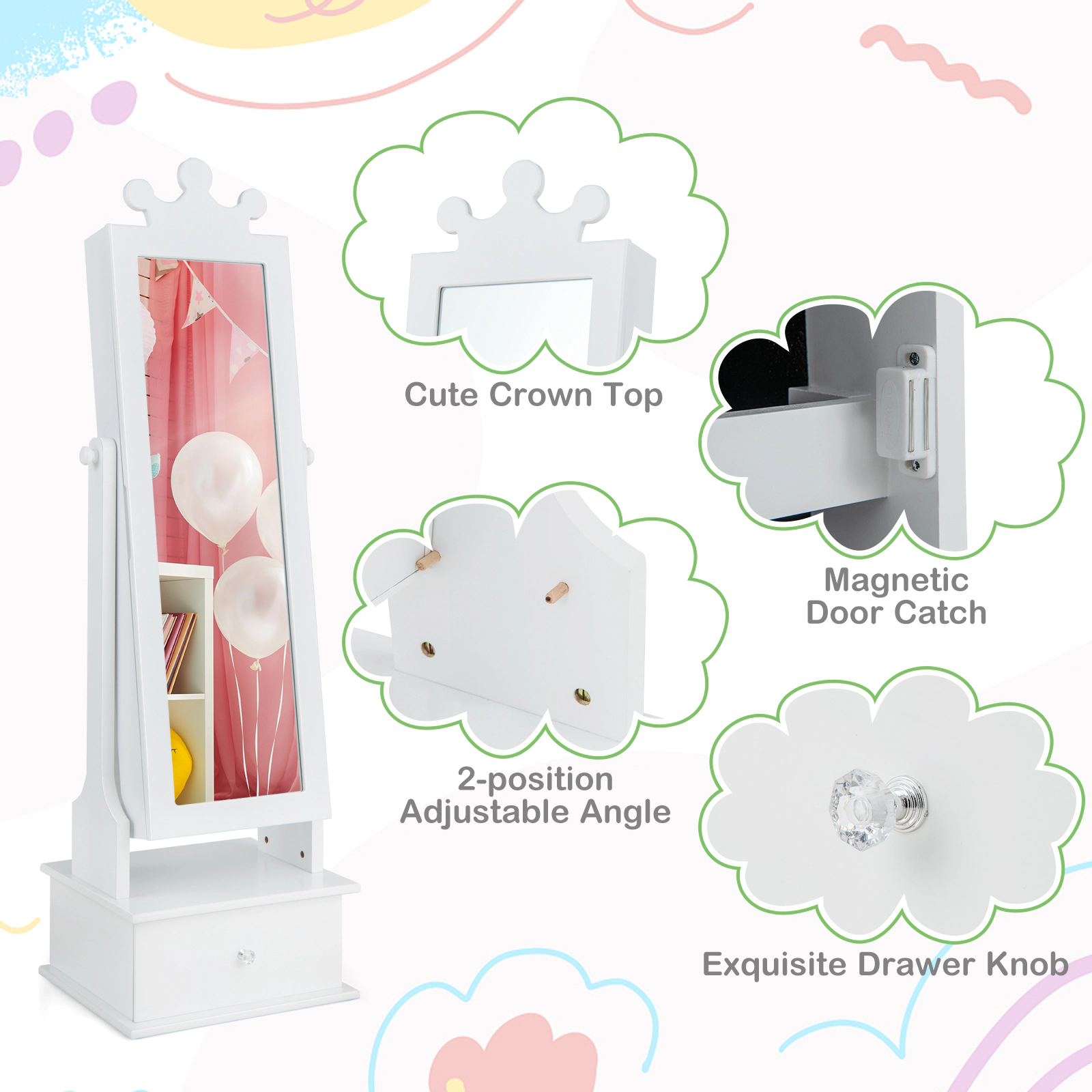 SUGIFT White Full Length Mirror and Drawer for Ages 3 and Up 2-in-1 Kids Jewelry Armoire