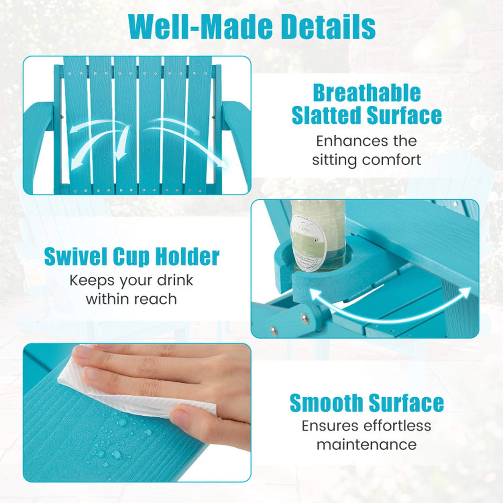 SUGIFT Set of 2 330-lb Capacity Turquoise 5-Level Reclining Folding HIPS Adirondack Chairs with Swivel Cup Holder