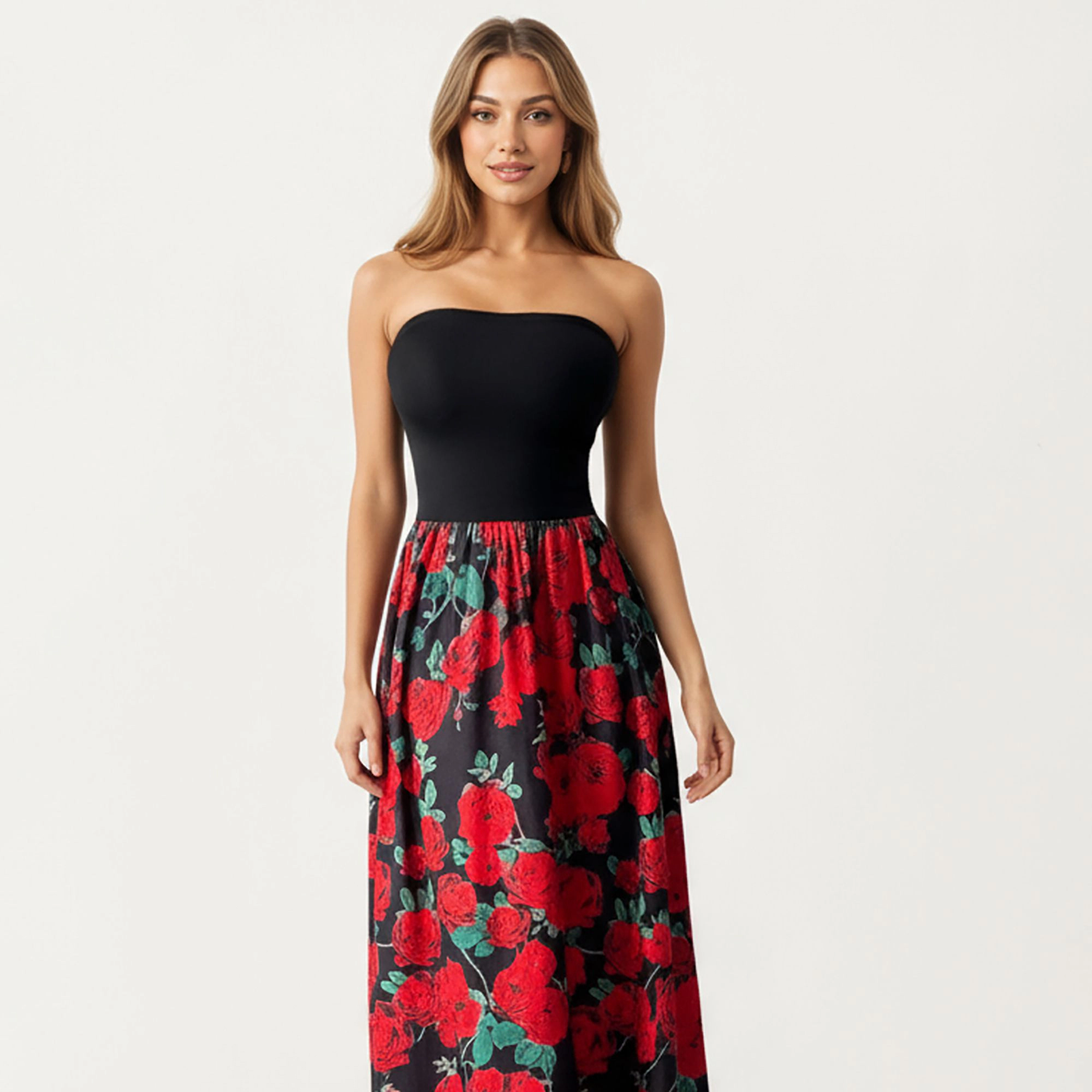 Anna-Kaci Women's Strapless Fitted Bodice Floral Print Maxi Dress