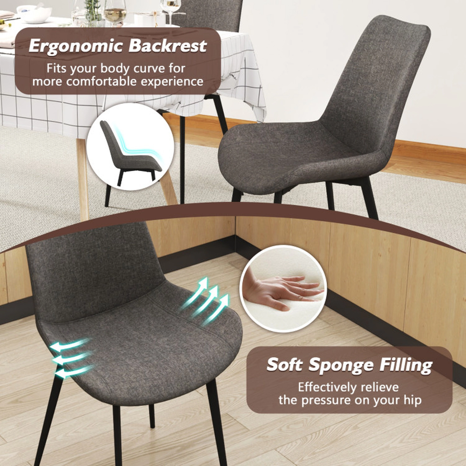 SUGIFT Set of 4 Faux Linen Upholstered Metal Legs Dining Chairs 24.5-in x 21.5-in x 33.5-in 330-lb Capacity Gray