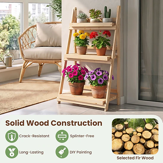 LJG 3-Tier Foldable Plant Stand with Slatted Shelves and Fir Wood Frame