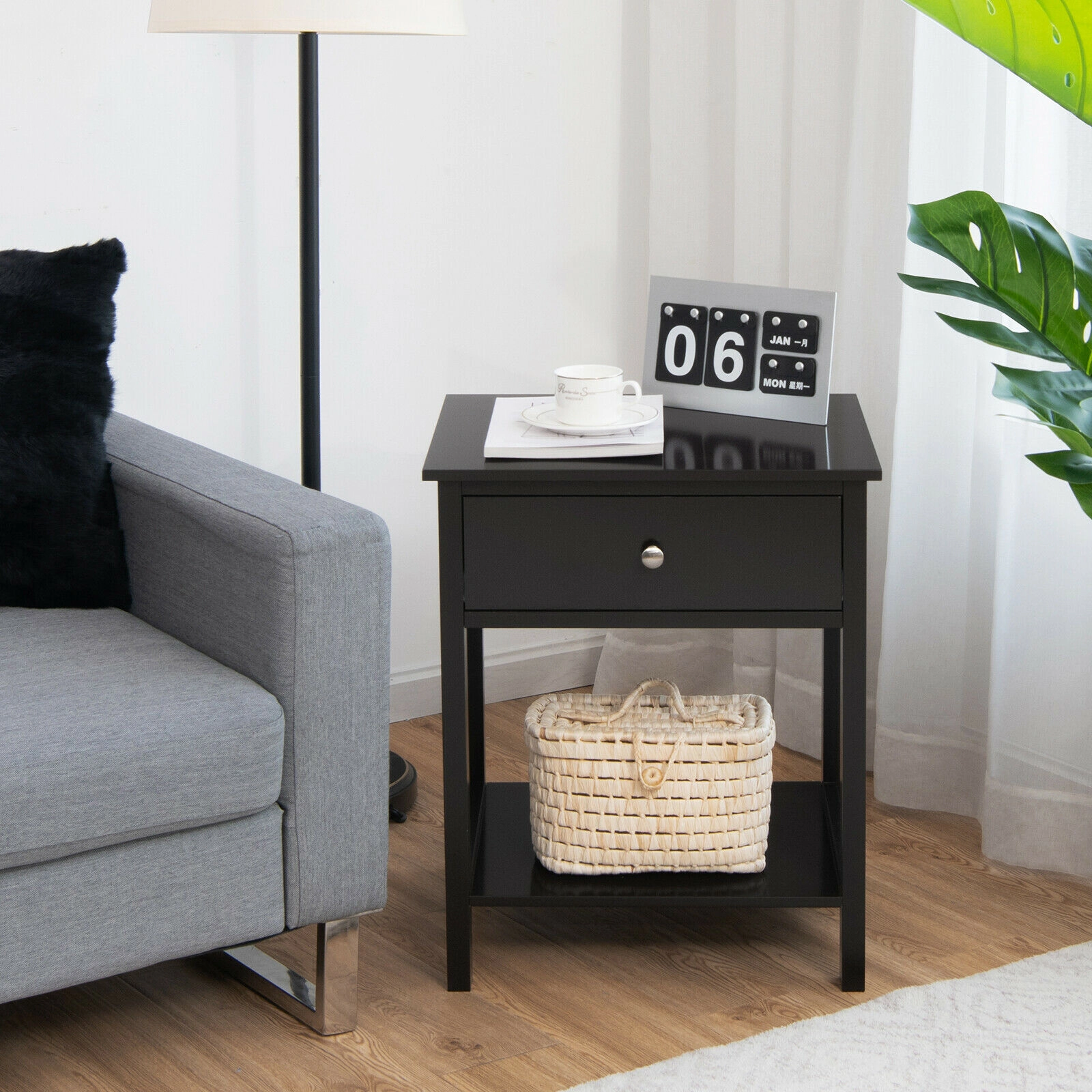 Glintex Compact Nightstand with Drawer Bottom Shelf and Tiny Handle