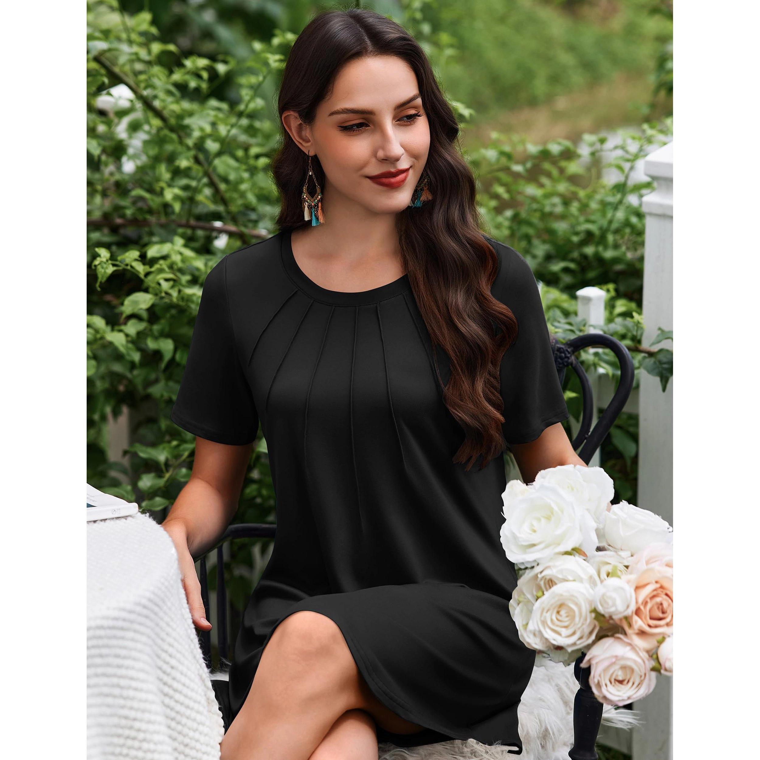 Ekouaer Nightgowns for Women Pleated Nightshirts Short Sleeve Sleepshirts Crew Neck Sleepwear Soft