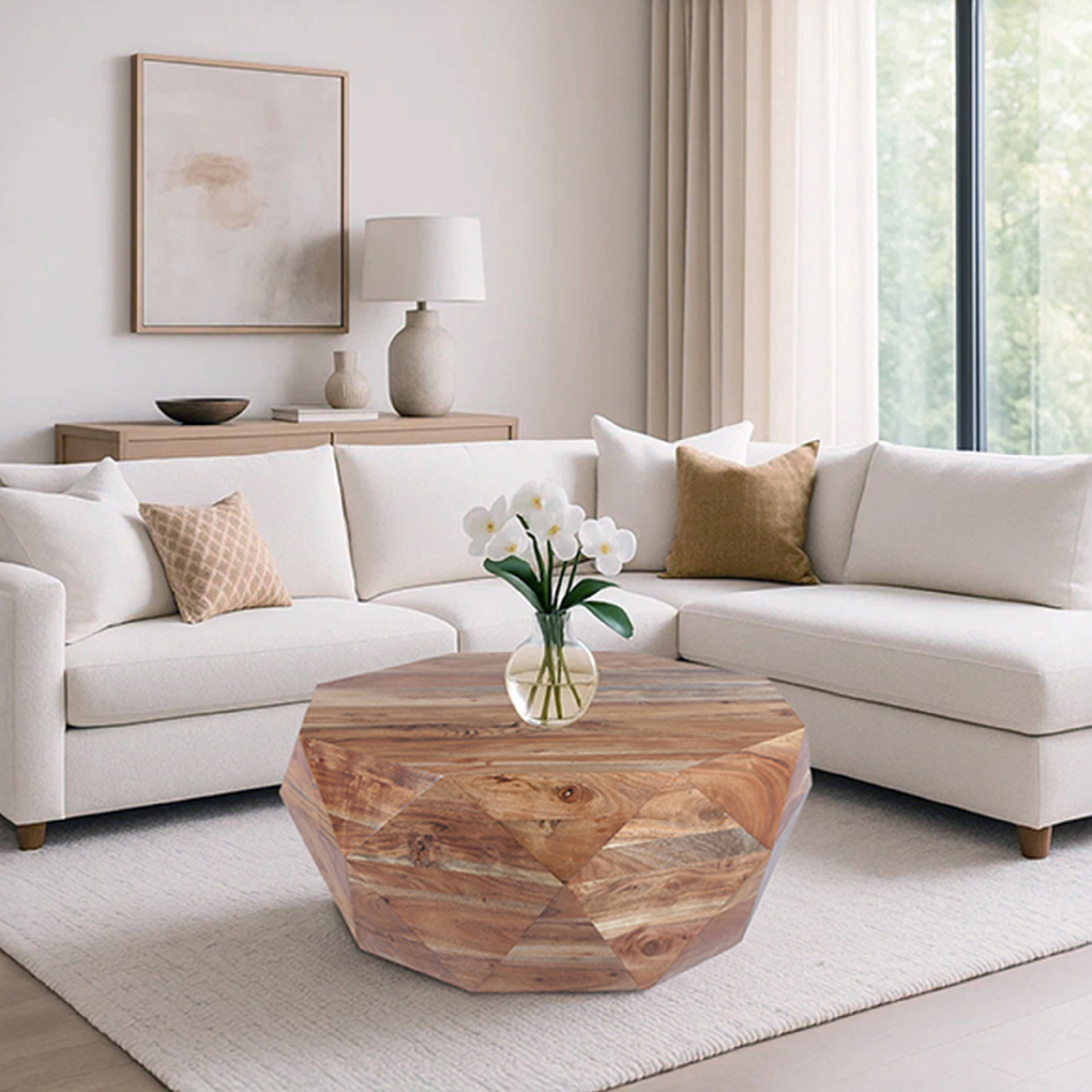 The Urban Port 33 Inch Diamond Shape Acacia Wood Coffee Table With Smooth Top, Natural Brown