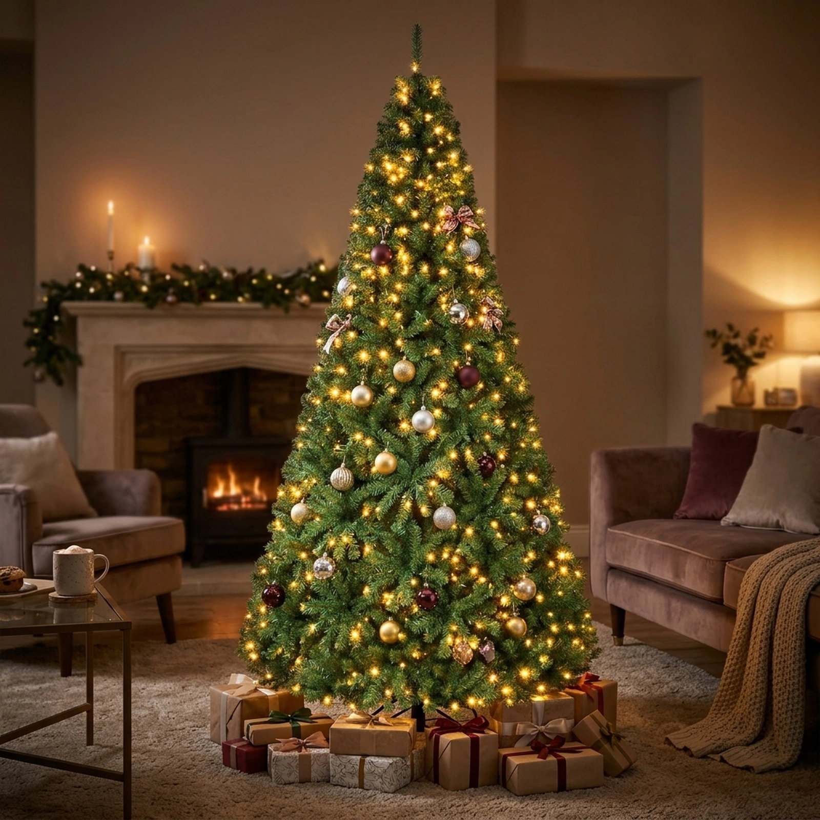 SUGIFT Pre-Lit 8-Foot Artificial Christmas Tree with 2 Lighting Colors 11 Lighting Modes and Folding Metal Stand Green