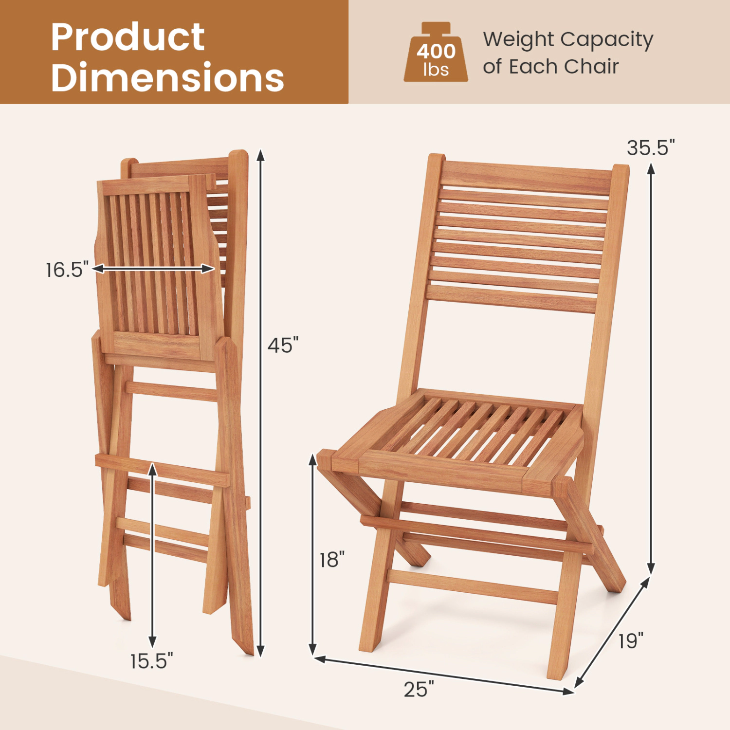 LJG Teak Wood Folding Patio Chairs Set of 2 with Slatted Seat & Portable Design for Deck