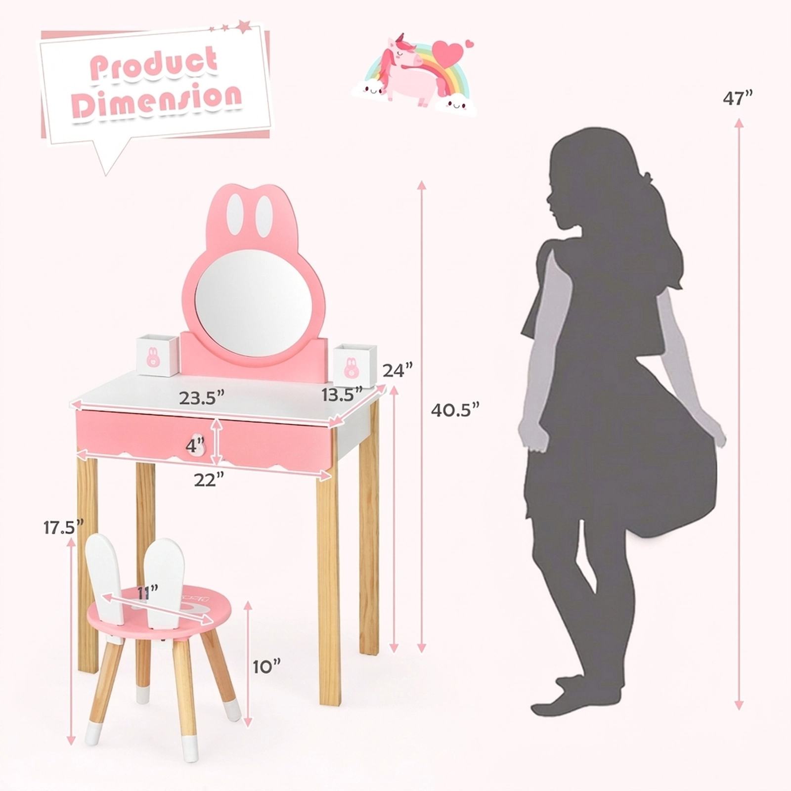 SUGIFT Kids Rabbit Mirror Removable Top Drawer Vanity Table and Chair Set 23.5-in x 13.5-in x 40.5-in 44-lb White