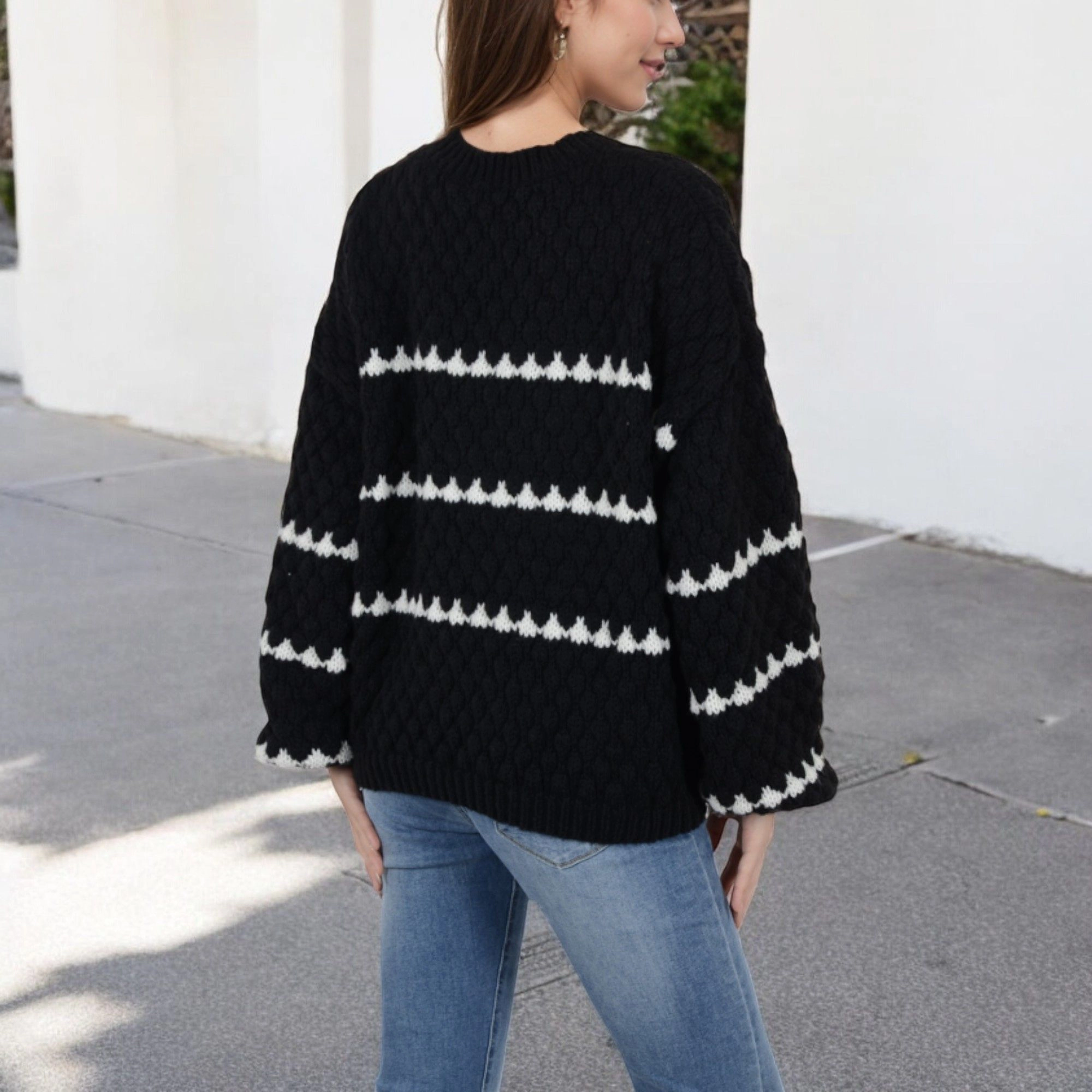 Anna-Kaci Women's Oversized Cable Knit Sweater with Contrast Stripes