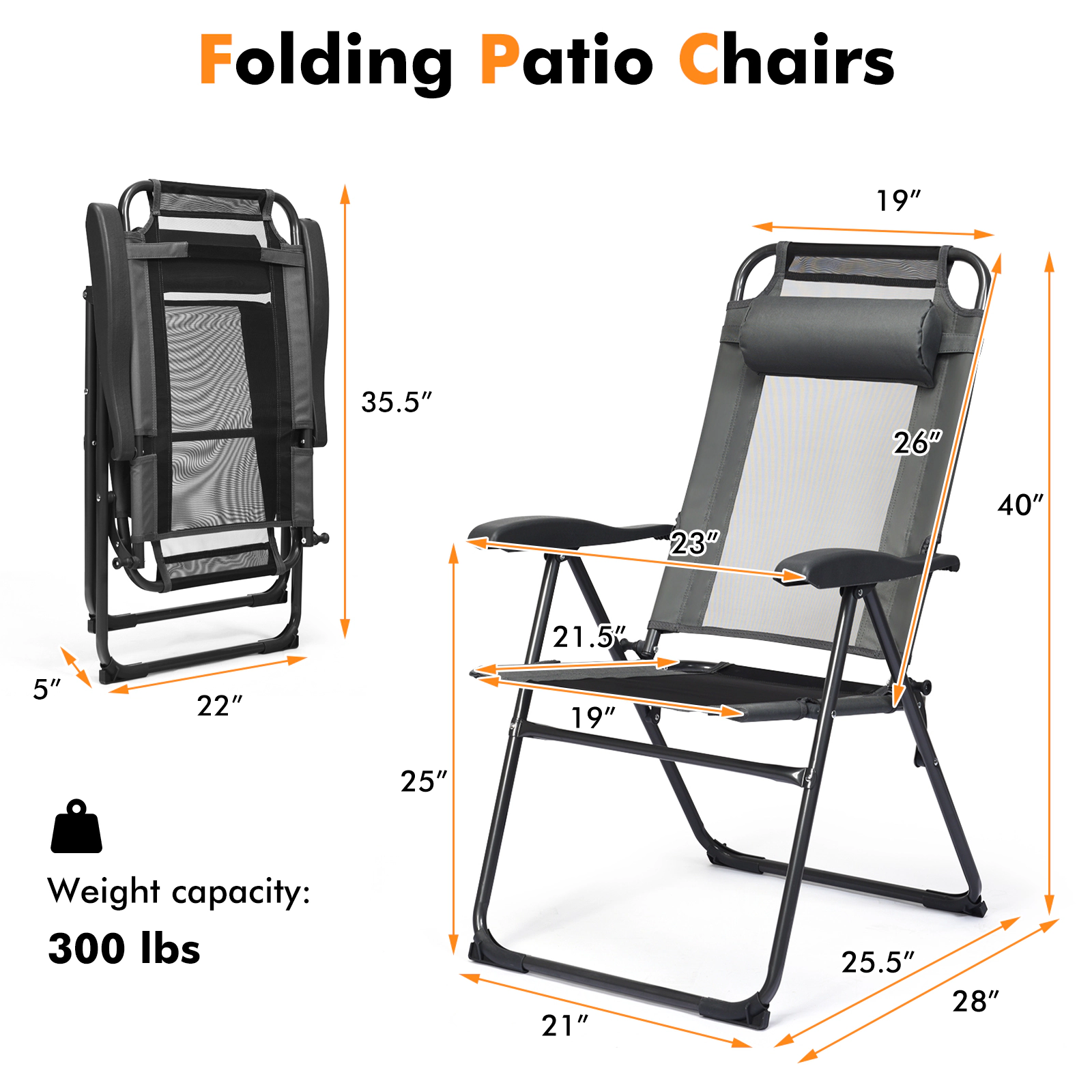 LJG 2 Pieces Patio Adjustable Folding Recliner Chairs with 7 Level Adjustable Backrest