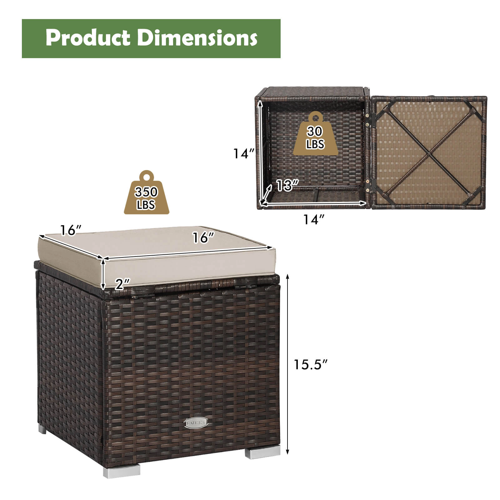 SUGIFT Hidden Storage and Removable Cushions 2-Piece Patio Wicker Ottoman Set