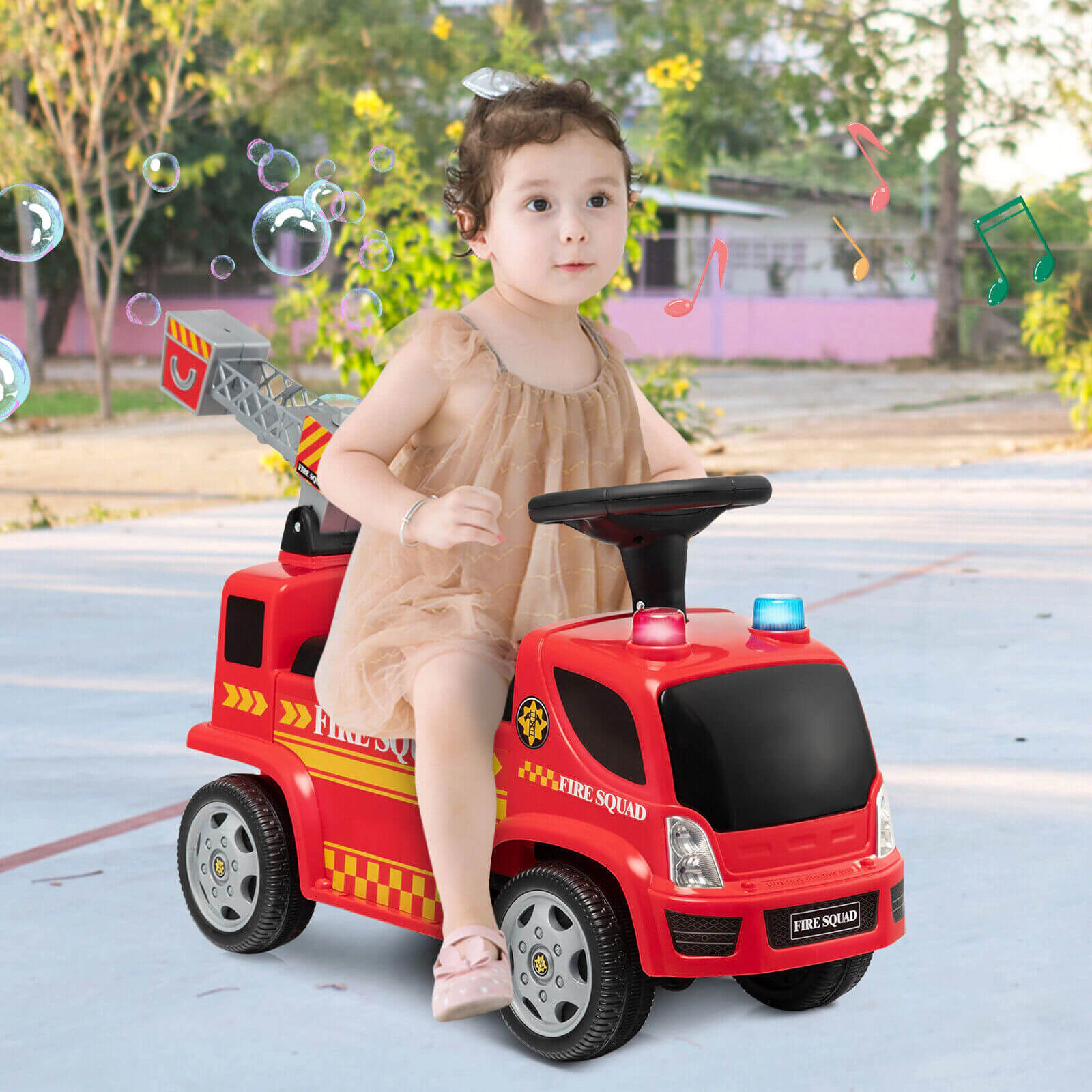 Hivvago Kids Push Ride On Fire Truck with Ladder Bubble Maker and Headlights