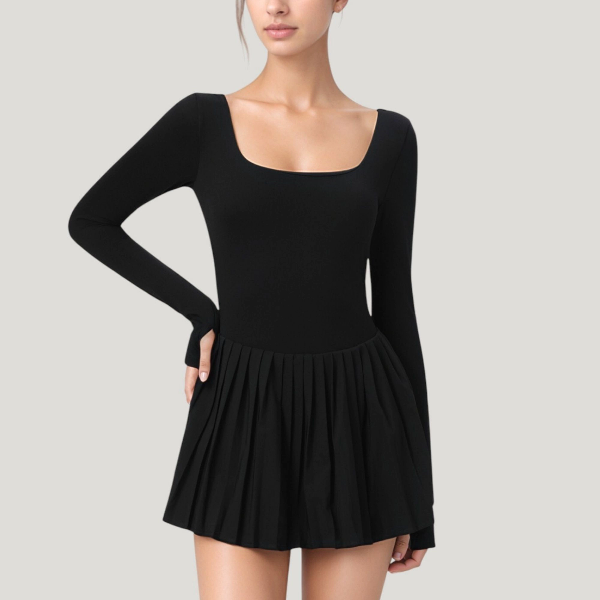 Anna-Kaci Women's Long Sleeve Pleated Skirt Active Dress with Scoop Neckline
