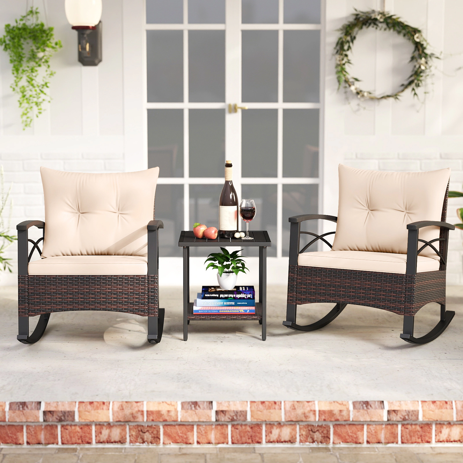LJG 3 Piece Rocking Bistro Set PE Rattan Rocker Chairs with Acacia Wood Top Table