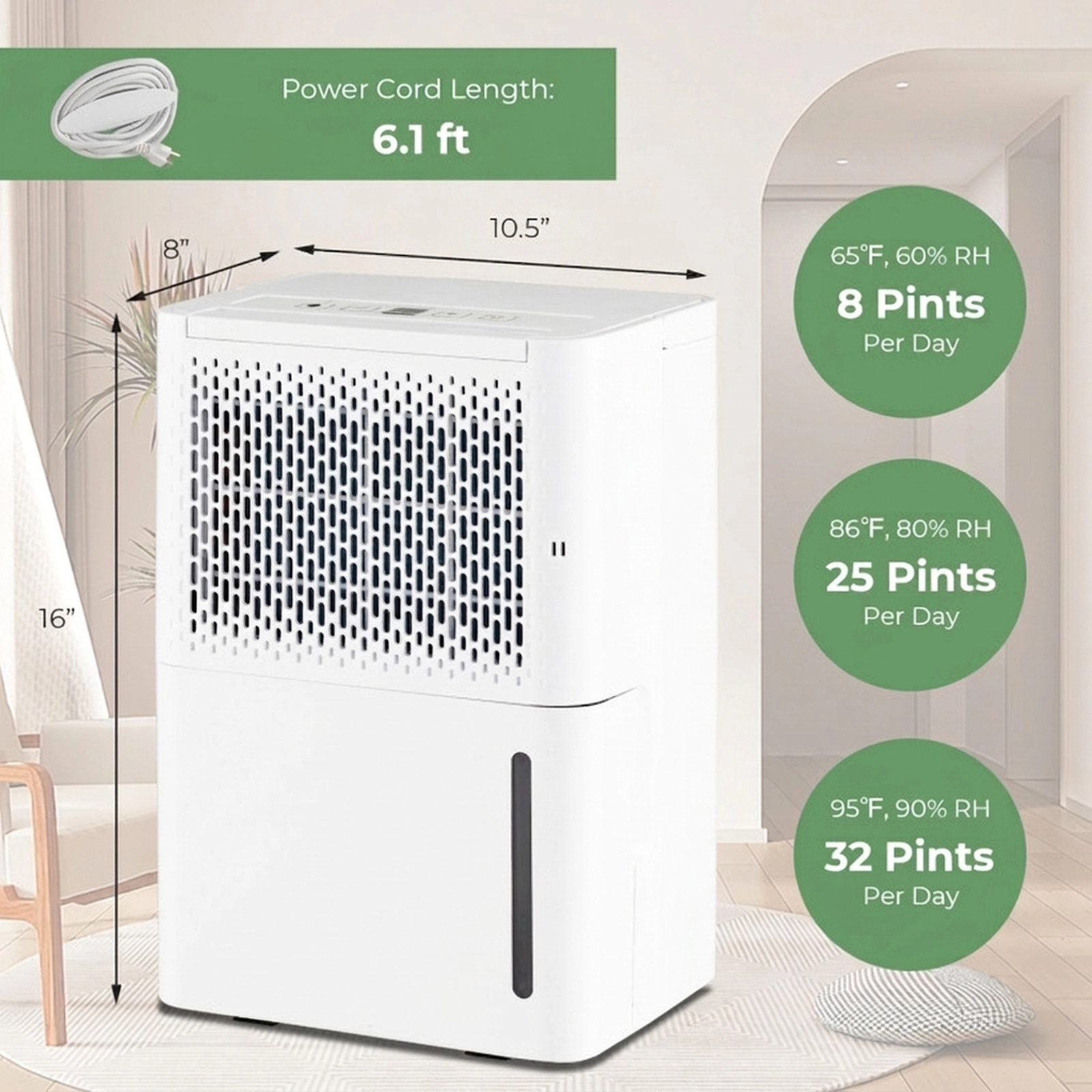 SUGIFT White 2000-Sq-Ft 32-Pint Dehumidifier with Continuous Drying and Auto Modes 10.5-in W 8-in D 16-in H