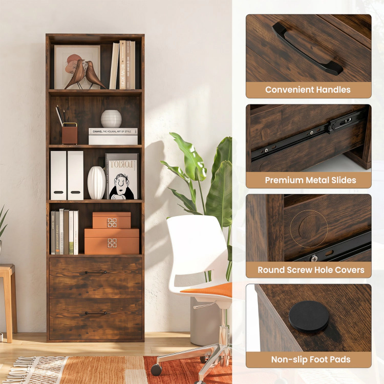 Hivvago 6-Tier Tall Freestanding Bookshelf with 4 Open Shelves and 2 Drawers