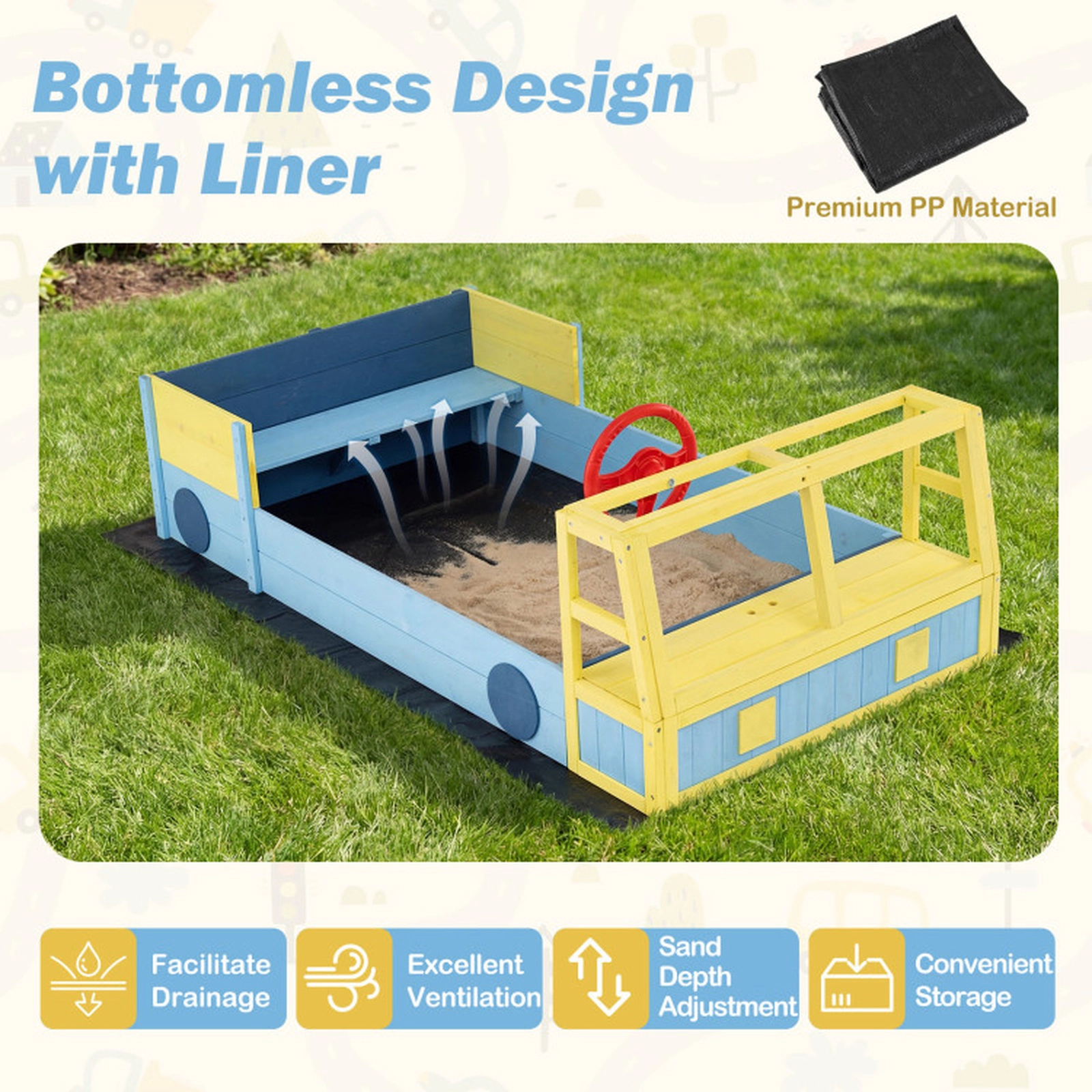 SUGIFT Blue Bottom Liner Bench Seat and Fir Wood Frame Large Car-Theme Kids Sandbox