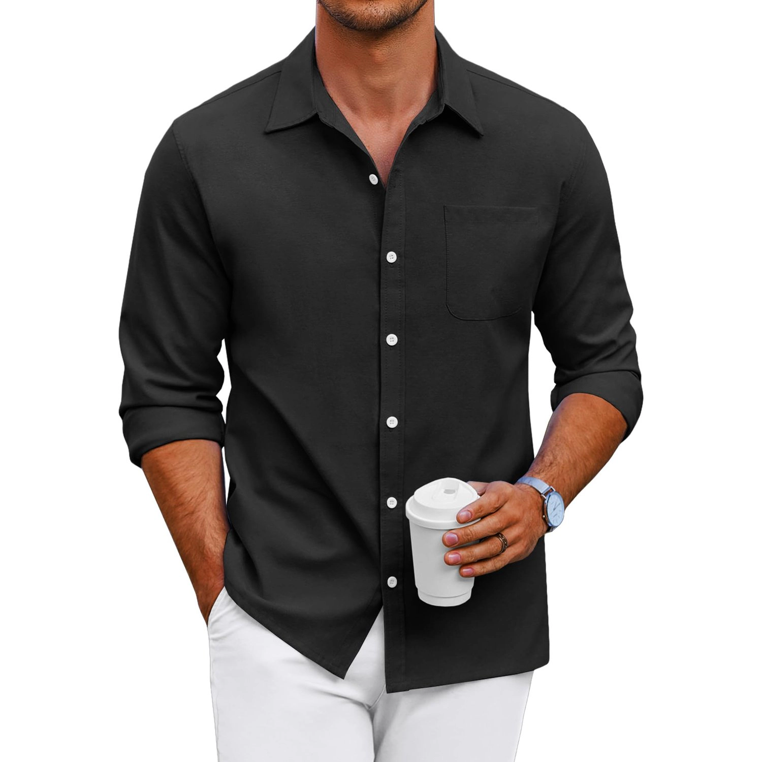 COOFANDY Mens Casual Long Sleeve Button Down Shirts Lapel Collar Pocket Dressy Tops