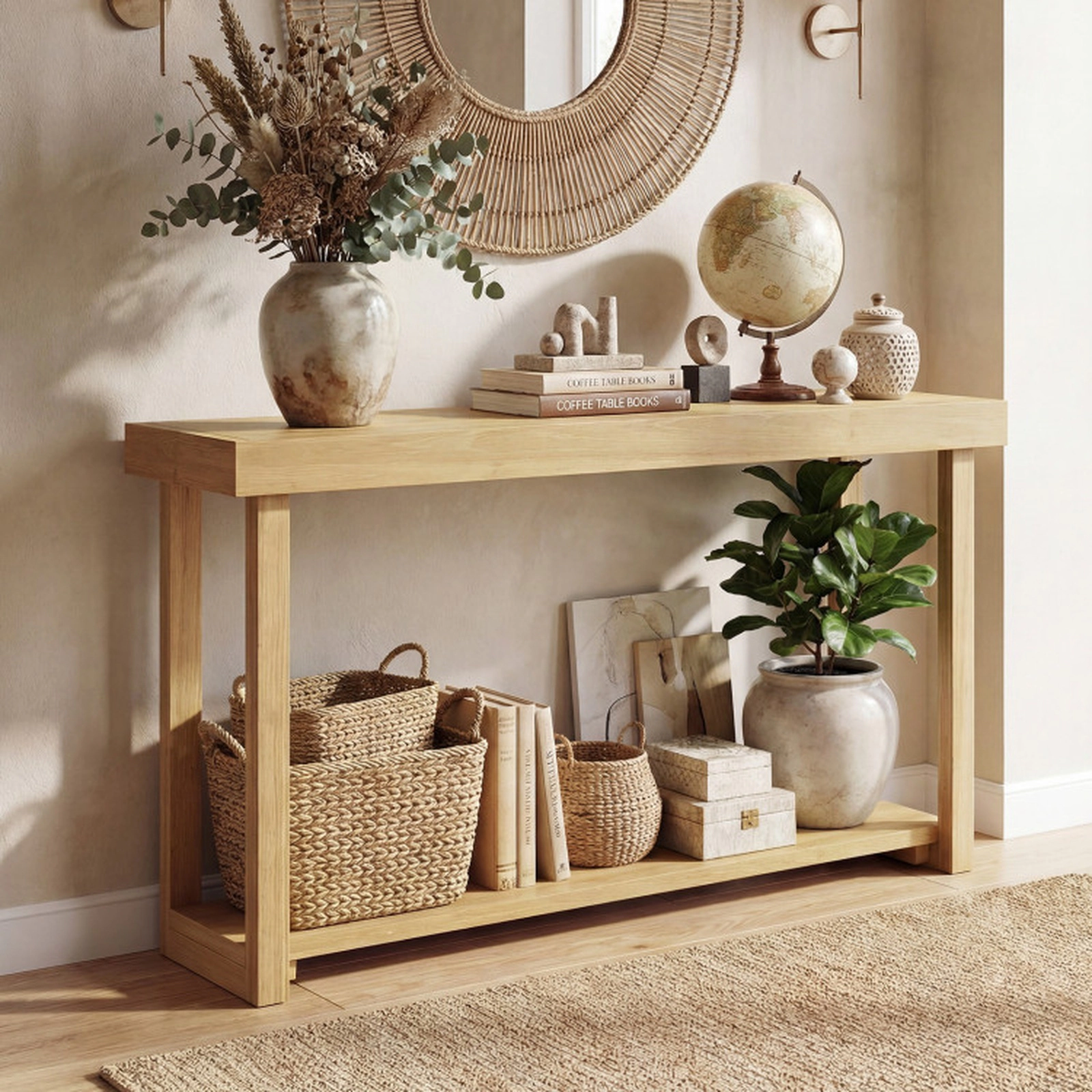 SUGIFT 46-in Teak Wood 2-Tier Console Table 66-lb Tabletop Capacity 22-lb Shelf Capacity Narrow Sofa Table Natural