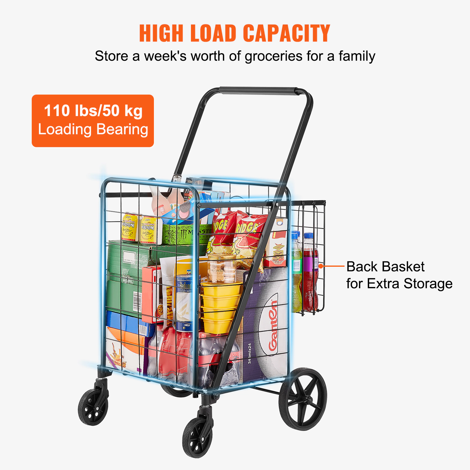 HONGGE Folding Utility Cart with Dual Baskets, 360° Swivel Wheels, 110 Lbs Capacity Rolling Laundry & Grocery Hamper