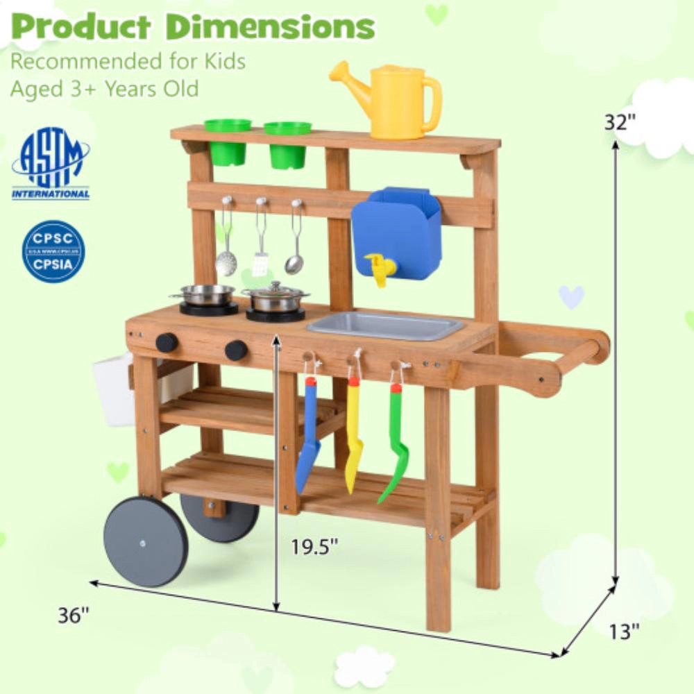 Hivvago Kids Mud Kitchen with Water Tank and Sink and 15 Accessories