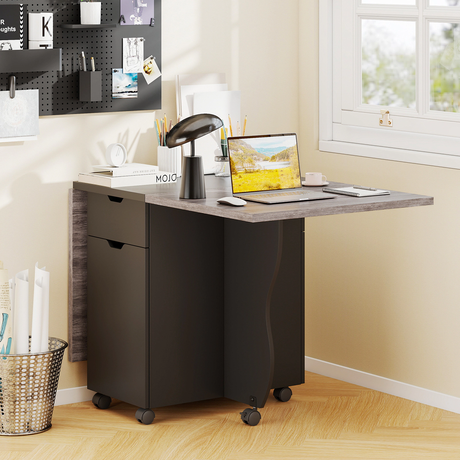 SUGIFT Black 3-in-1 Folding Dining, Craft, and Sewing Table with Drawers and Wheels