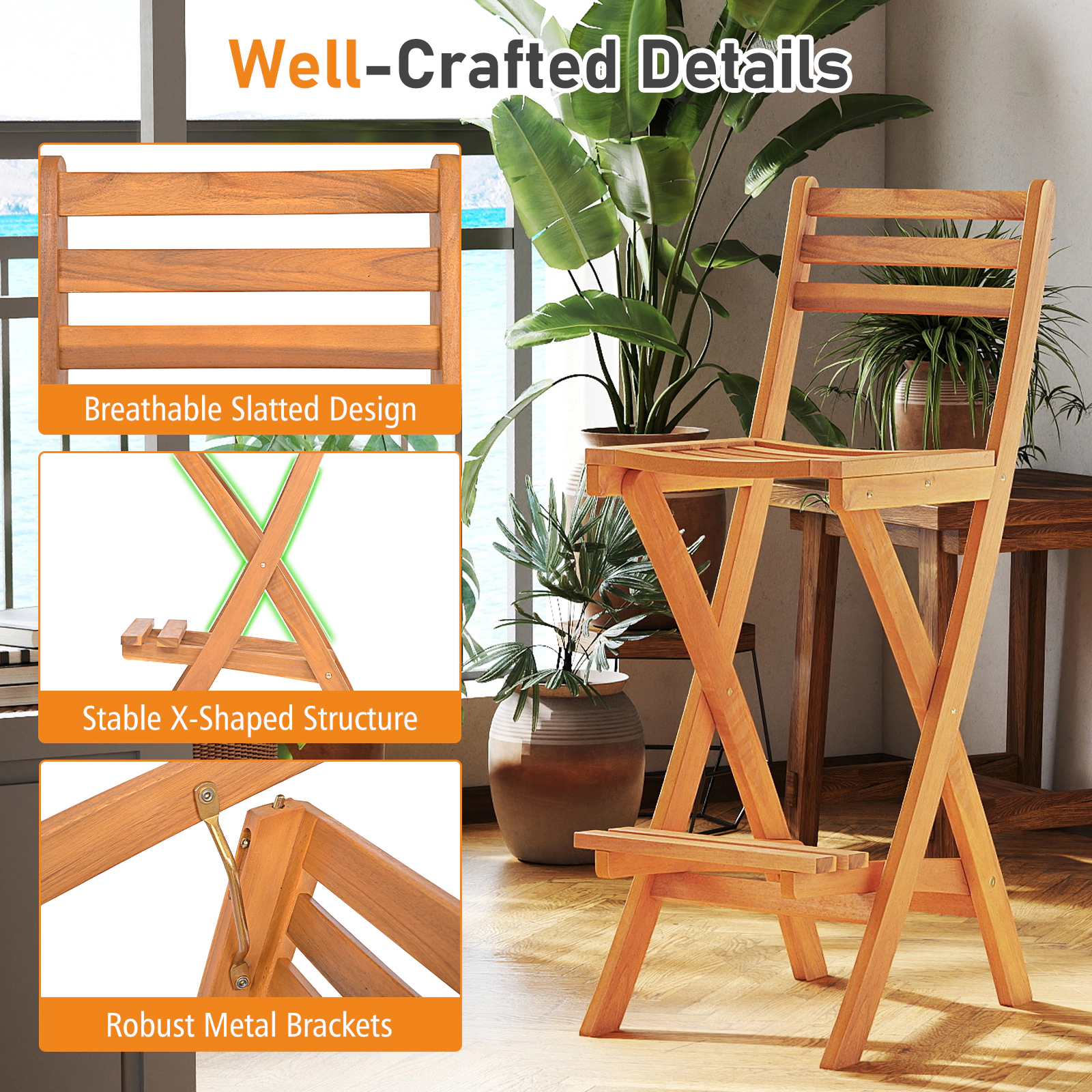 SUGIFT Folding Bar Height Patio Chair with Backrest and Footrest 400-lb Capacity Natural