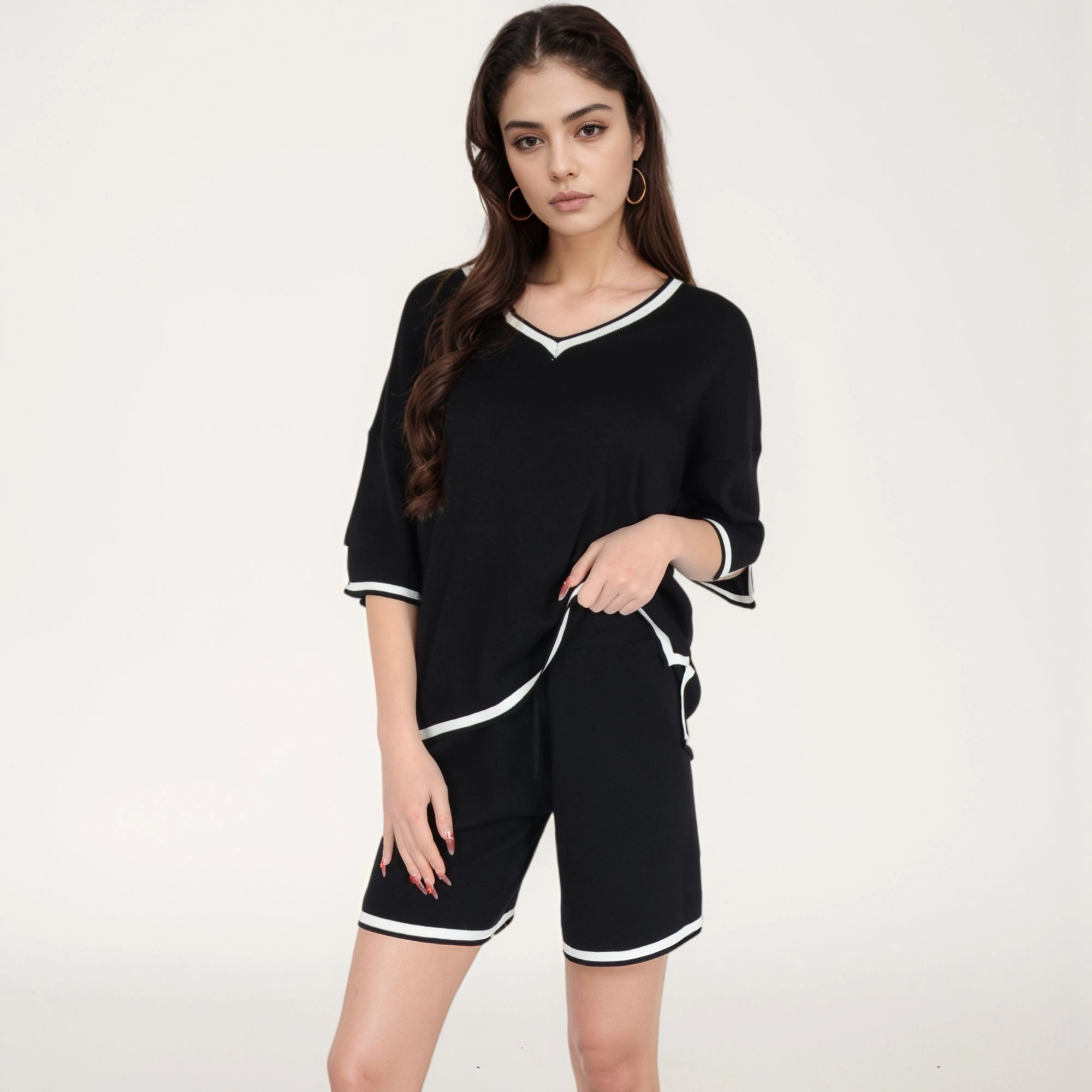 Anna-Kaci Women's Knit Lounge Set with V-Neck Top and Drawstring Shorts Featuring Contrast Trim