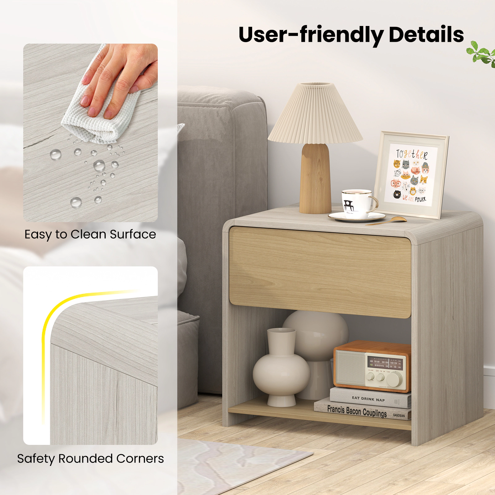 Glintex 2-Tier Nightstand with Concealed Handle and Color-Blocked Oak Finish, Oak