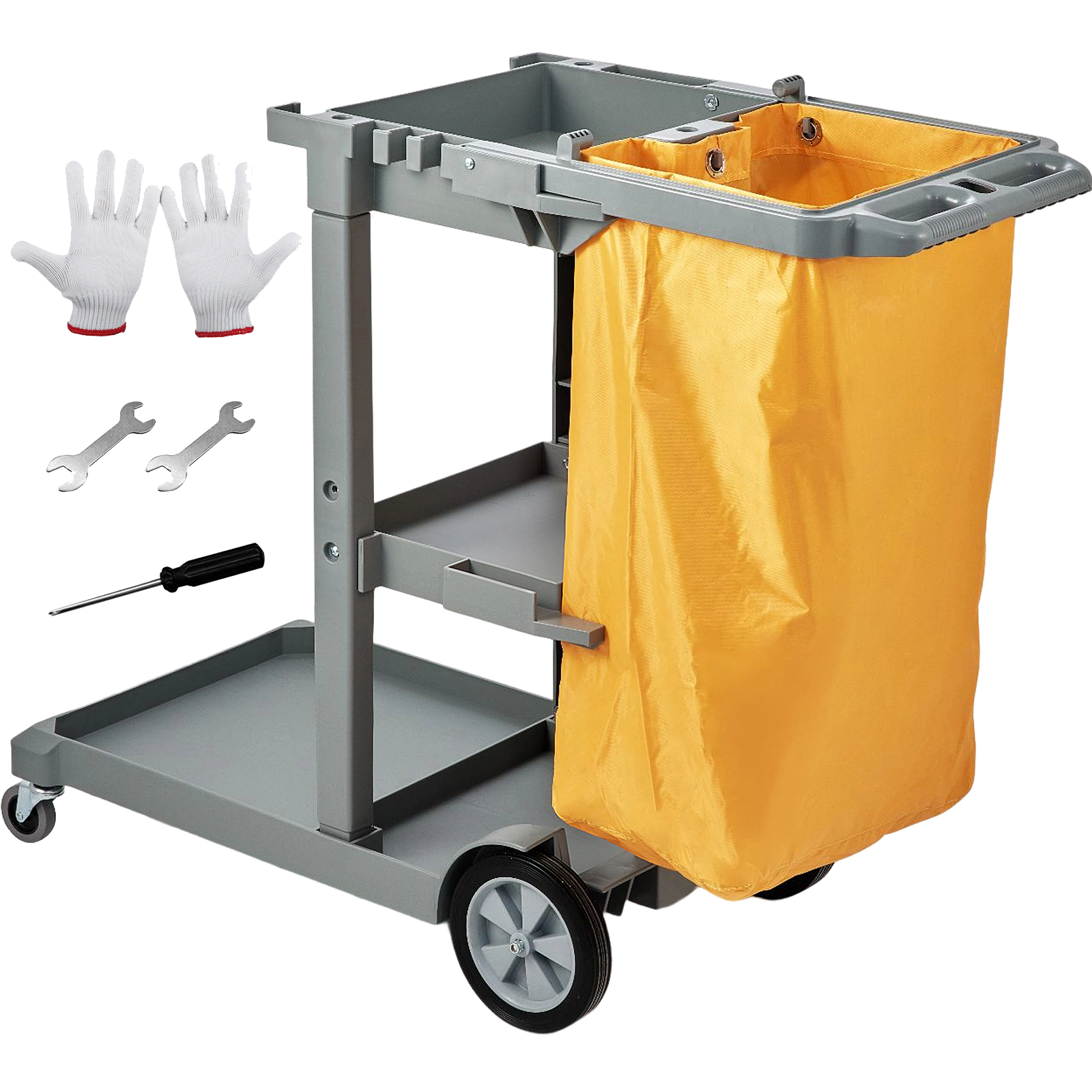 HONGGE Cleaning Cart 3-Shelf Commercial Janitorial Cart 200 lbs Capacity Plastic Housekeeping Cart with 25 Gallon PVC
