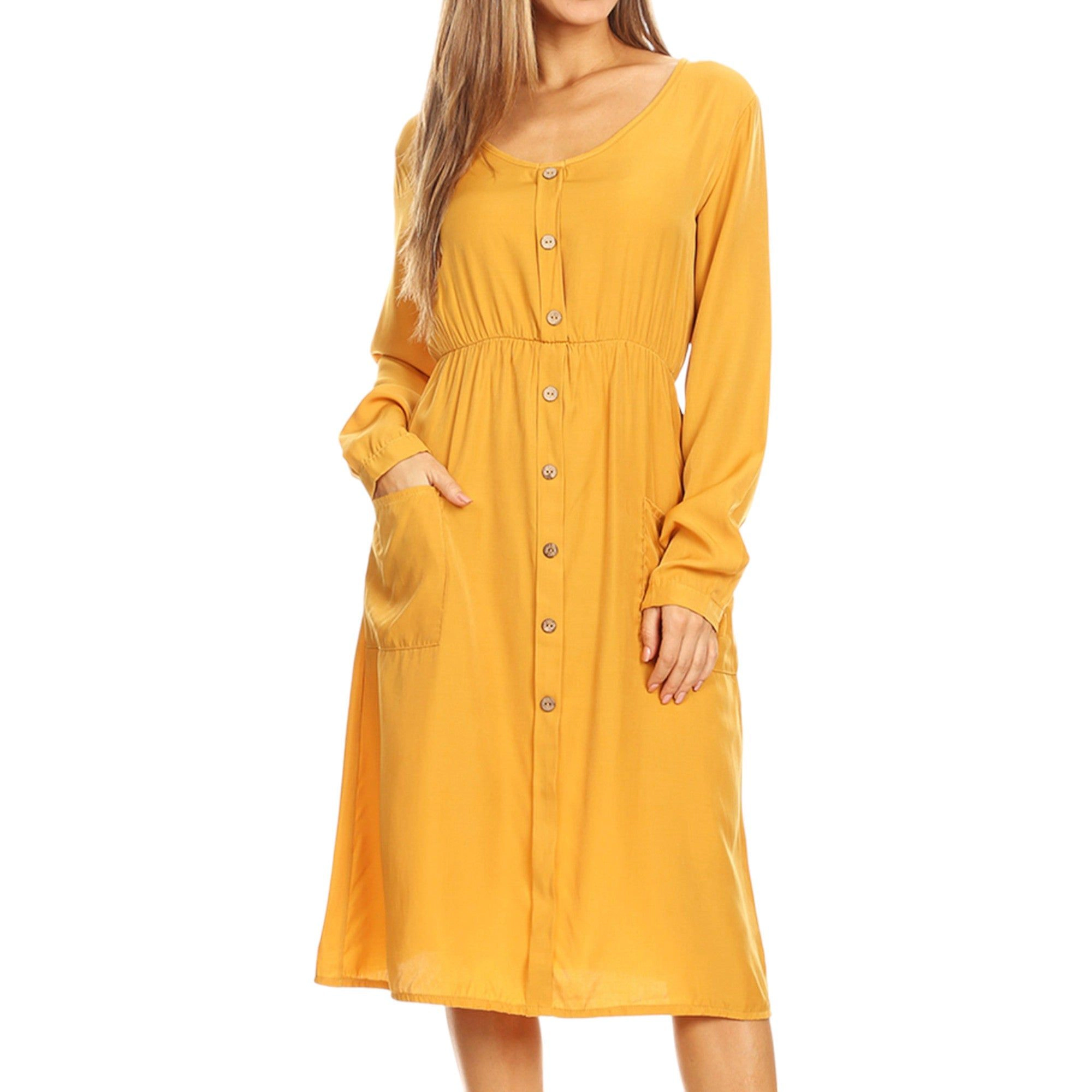 Anna-Kaci Women's Long Sleeve Button Front Swing Dress
