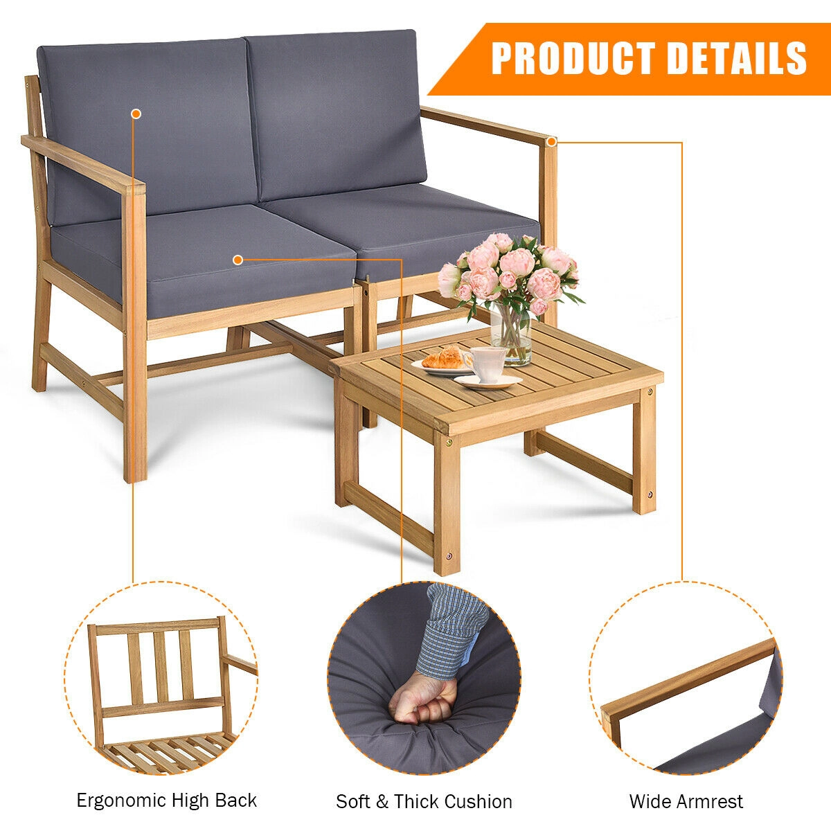 SUGIFT 3-in-1 Acacia Wood Loveseat Conversation Set with Separable Coffee Table 355-lb Chair Capacity Natural Teak