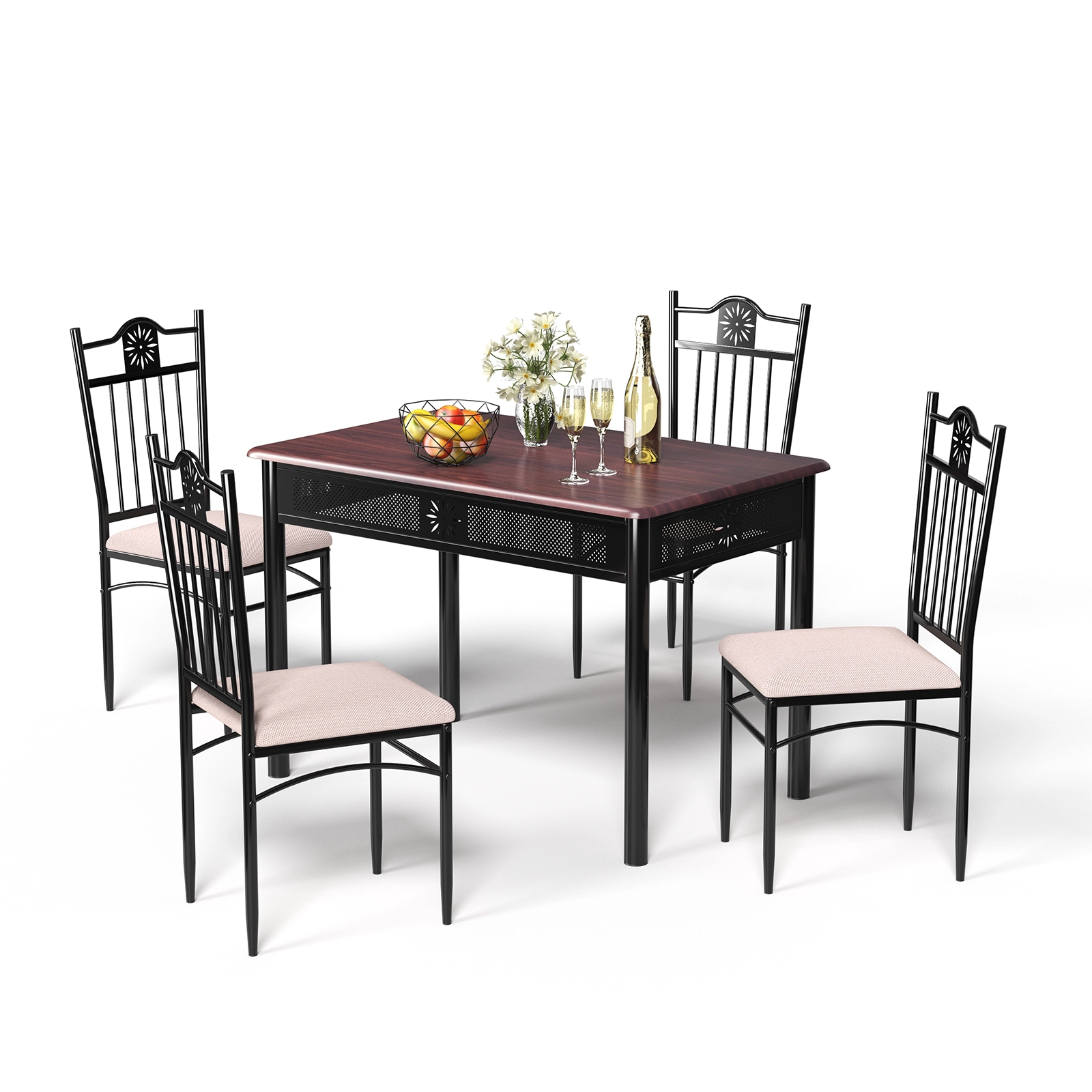 SUGIFT Natural 42 Inch Wood Metal Table and 4 Cushioned Chairs 5-Piece Dining Set