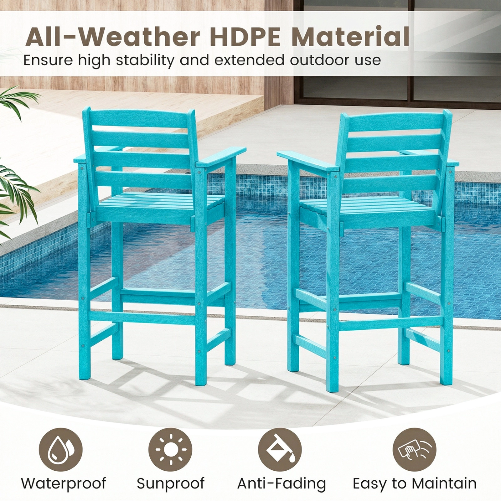 SUGIFT Set of 2 Turquoise HDPE Adirondack Bar Chairs, 29-in Seat, Footrest