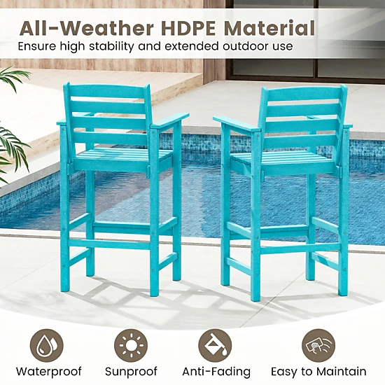 SUGIFT Set of 2 Turquoise HDPE Adirondack Bar Chairs, 29-in Seat, Footrest