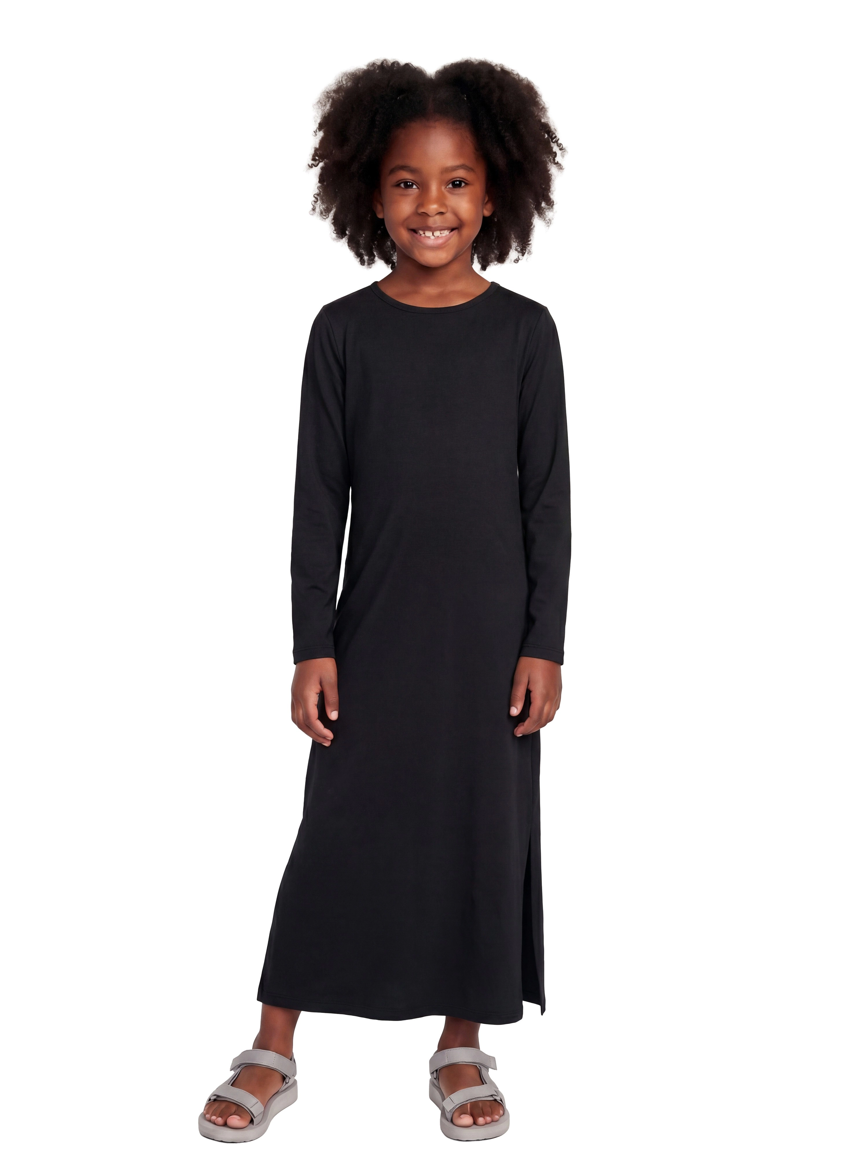 24sevenKid Essential Girls Long Sleeve Side Slit Maxi Dress Solid Color