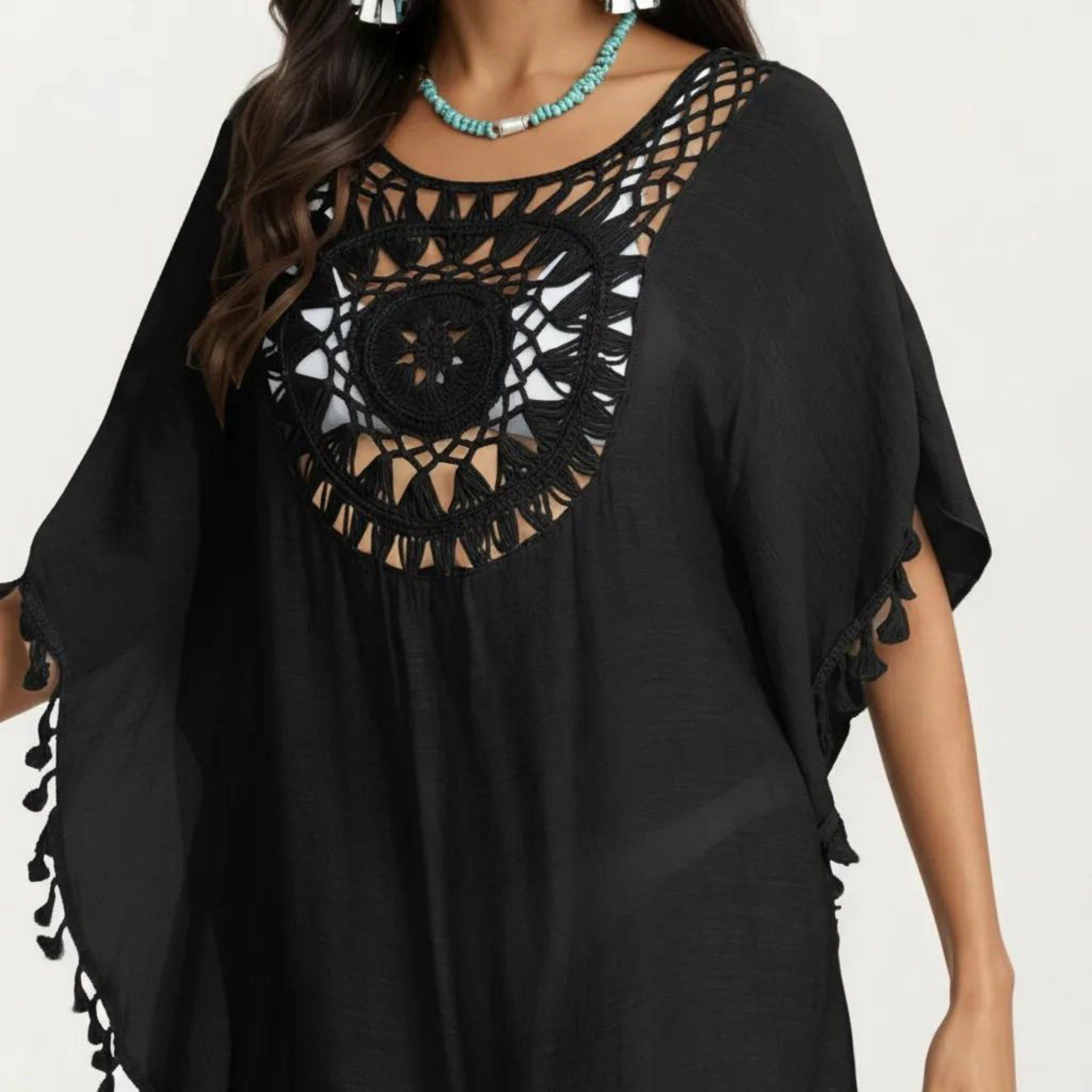 Anna-Kaci Women's Crochet Medallion Tassel Trim Relaxed Boho Silhouette Swim Cover Up Dress