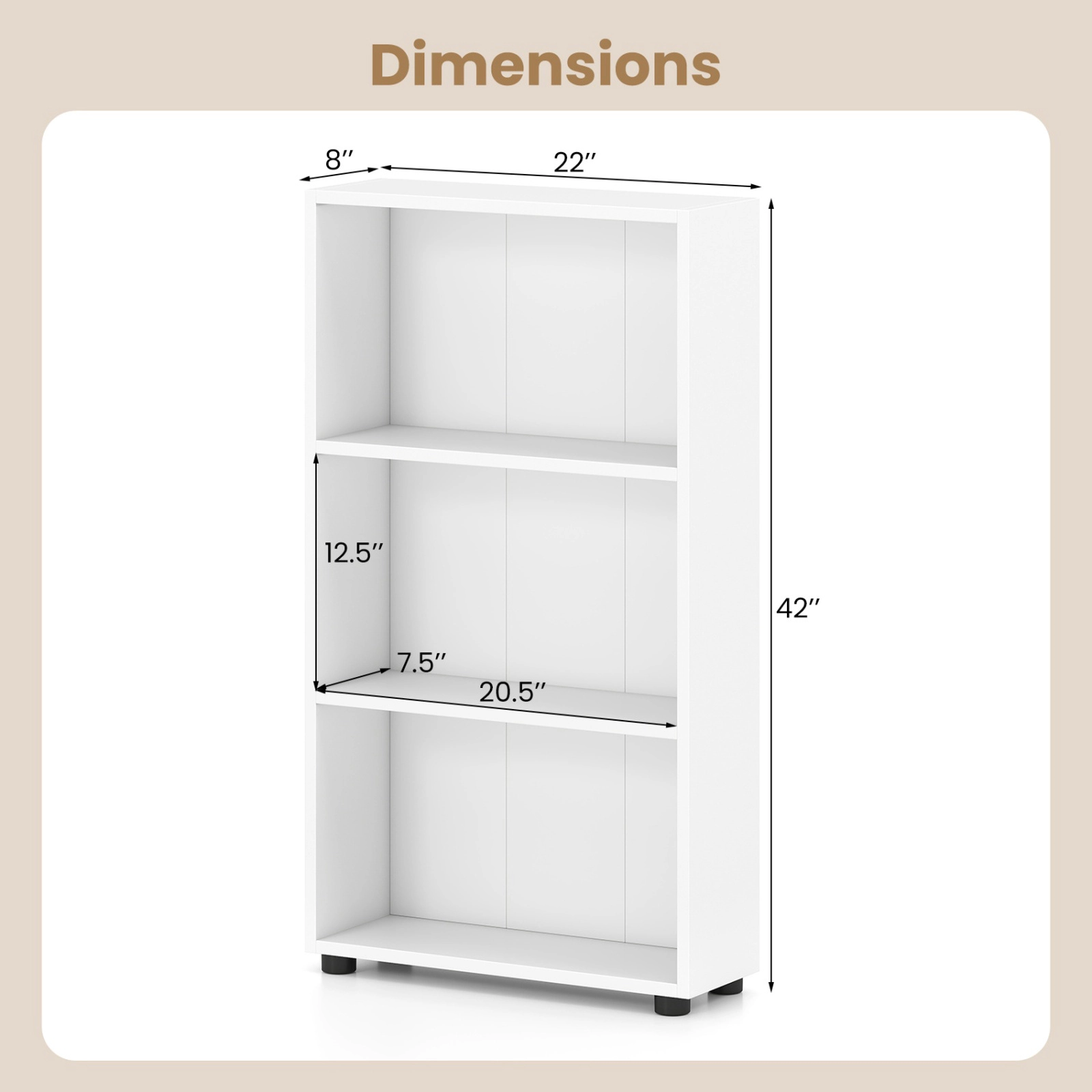 SUGIFT White 3-Tier Bookcase 42 in Tall Book Shelf with Anti-Tipping Kit