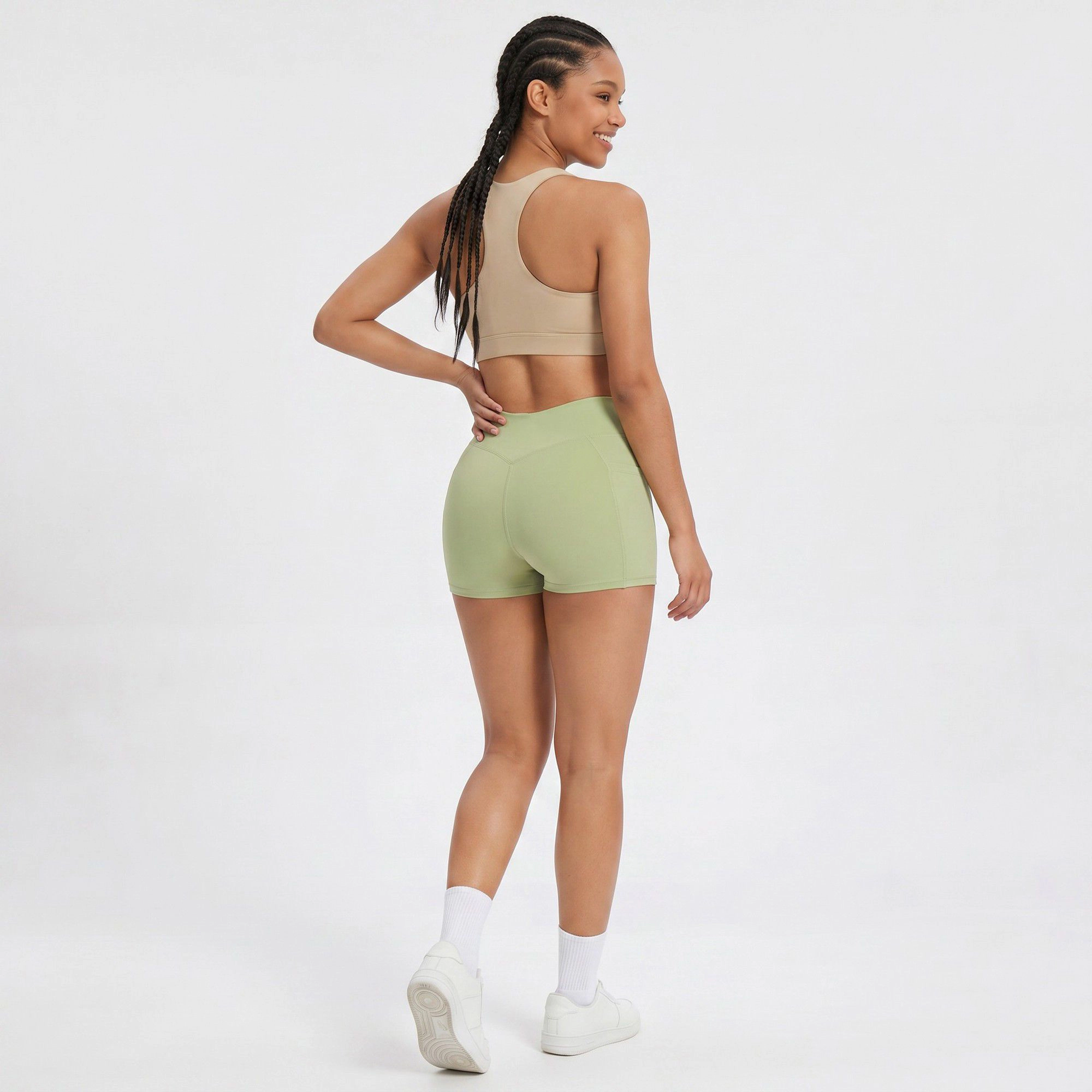 Anna-Kaci Women's High Waist Crossover Waistband Pocket Workout Biker Shorts