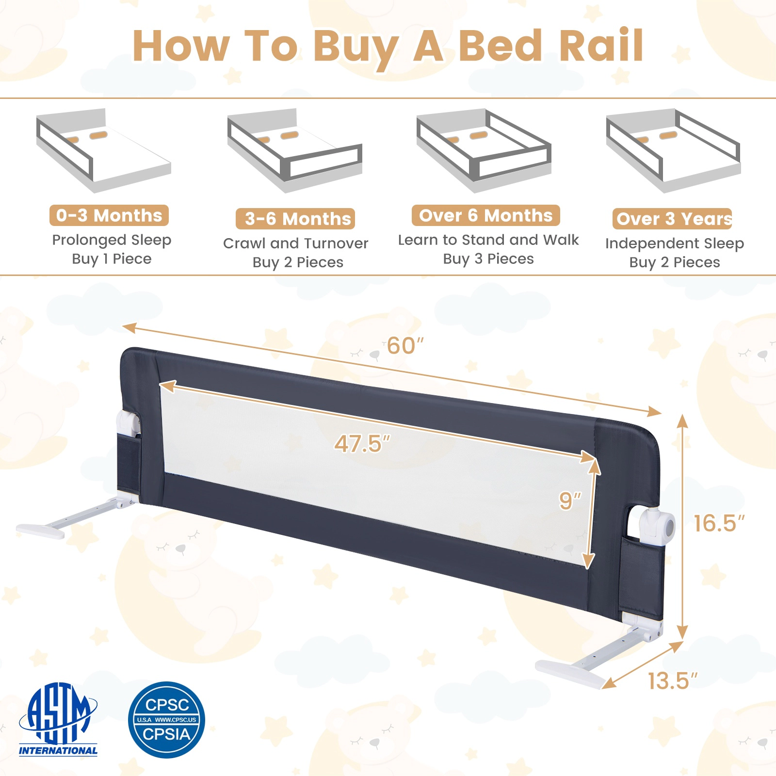 SUGIFT Adjustable Safety Strap 60-in Foldable Toddler Bed Rail Swing Down Guard