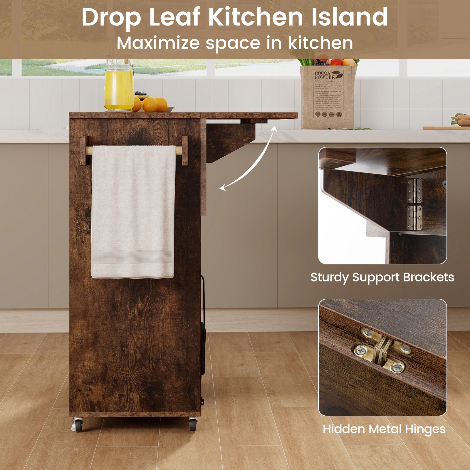 SUGIFT Rustic Brown Drop Leaf Rolling Kitchen Island Cart with Power Outlet USB Port and Wine Rack