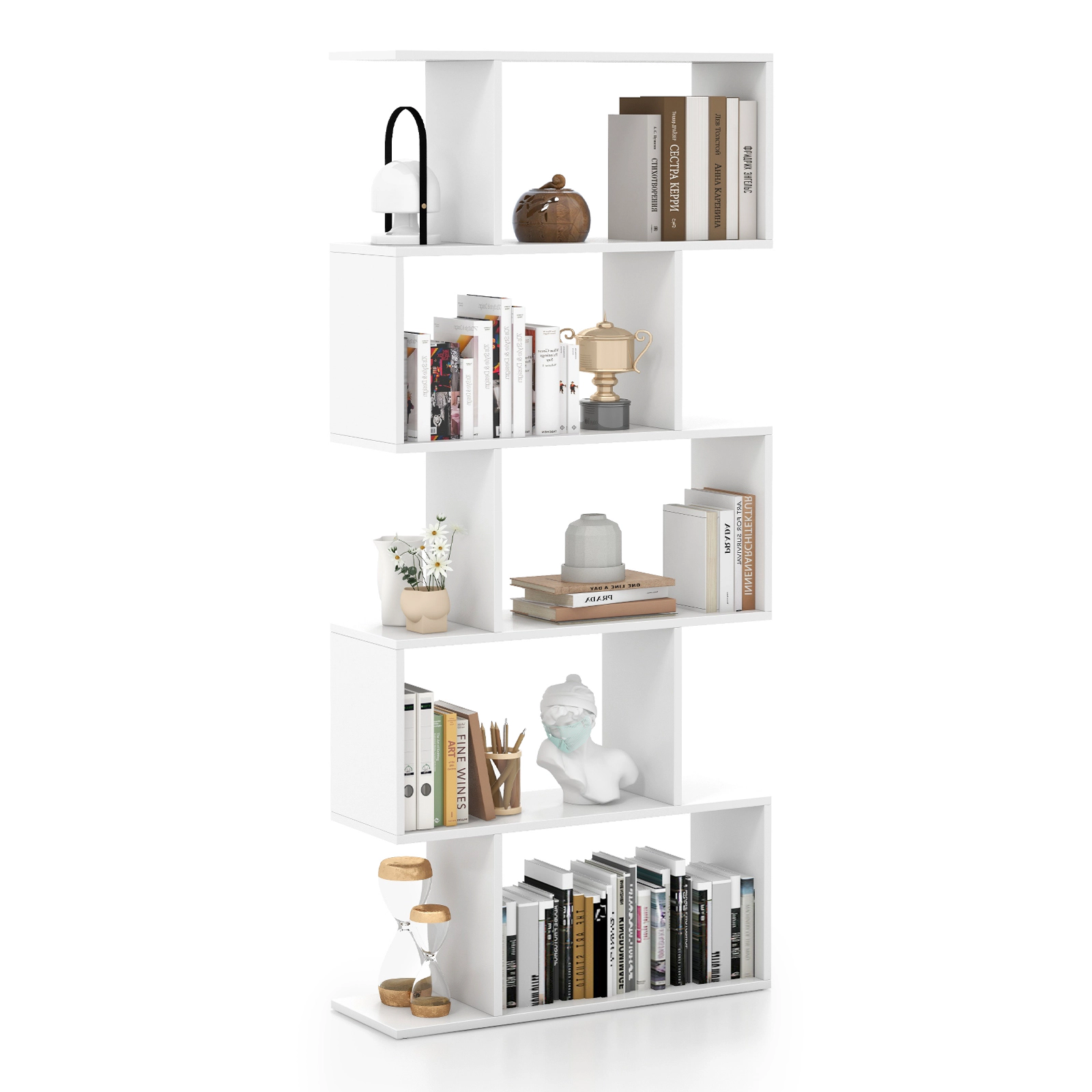 SUGIFT 5-Tier S Shaped Bookshelf Wide Base & Anti-Toppling Device 45-lb Shelf Capacity Rustic Brown for Living Room Home
