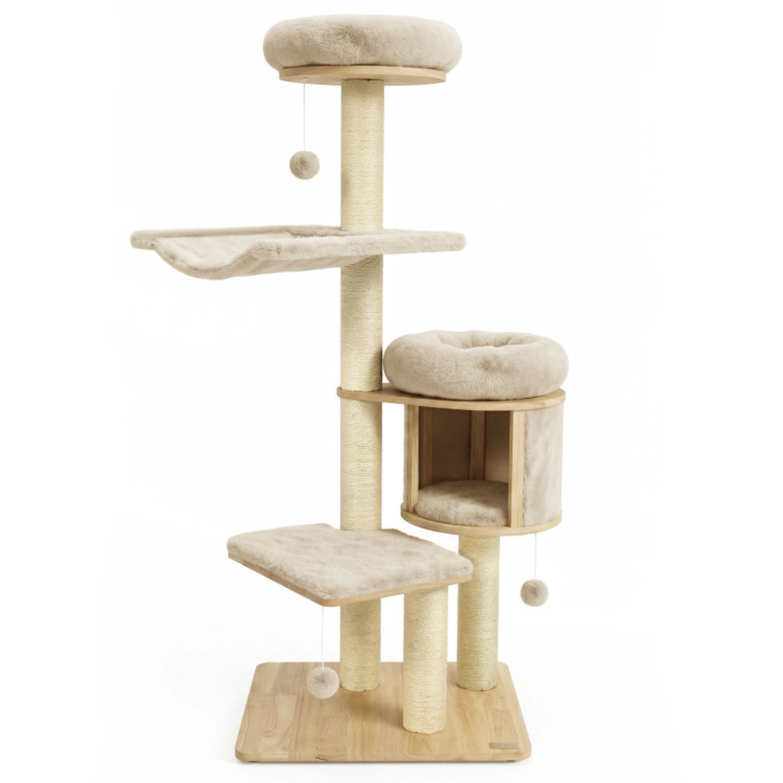SUGIFT Beige Rubber Wood Cat Tree with Condo Hammock and Plush Beds 26-in W 19-in D 55-in H 33-lb Per Tier