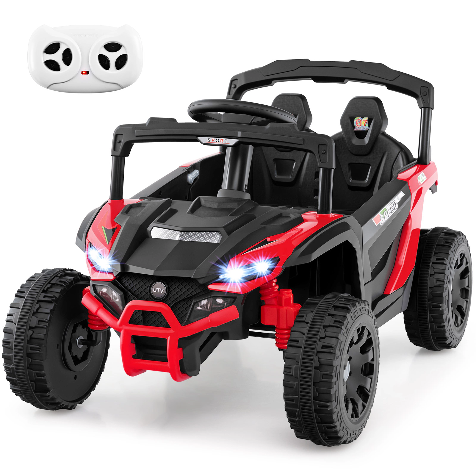 SUGIFT Red Remote Control LED Lights Music and Horn Kids 12V Ride On UTV Electric Vehicle